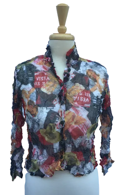 30.1B Long-sleeve, button-up crinkle top with a multicolored magazine-style print. Made in France