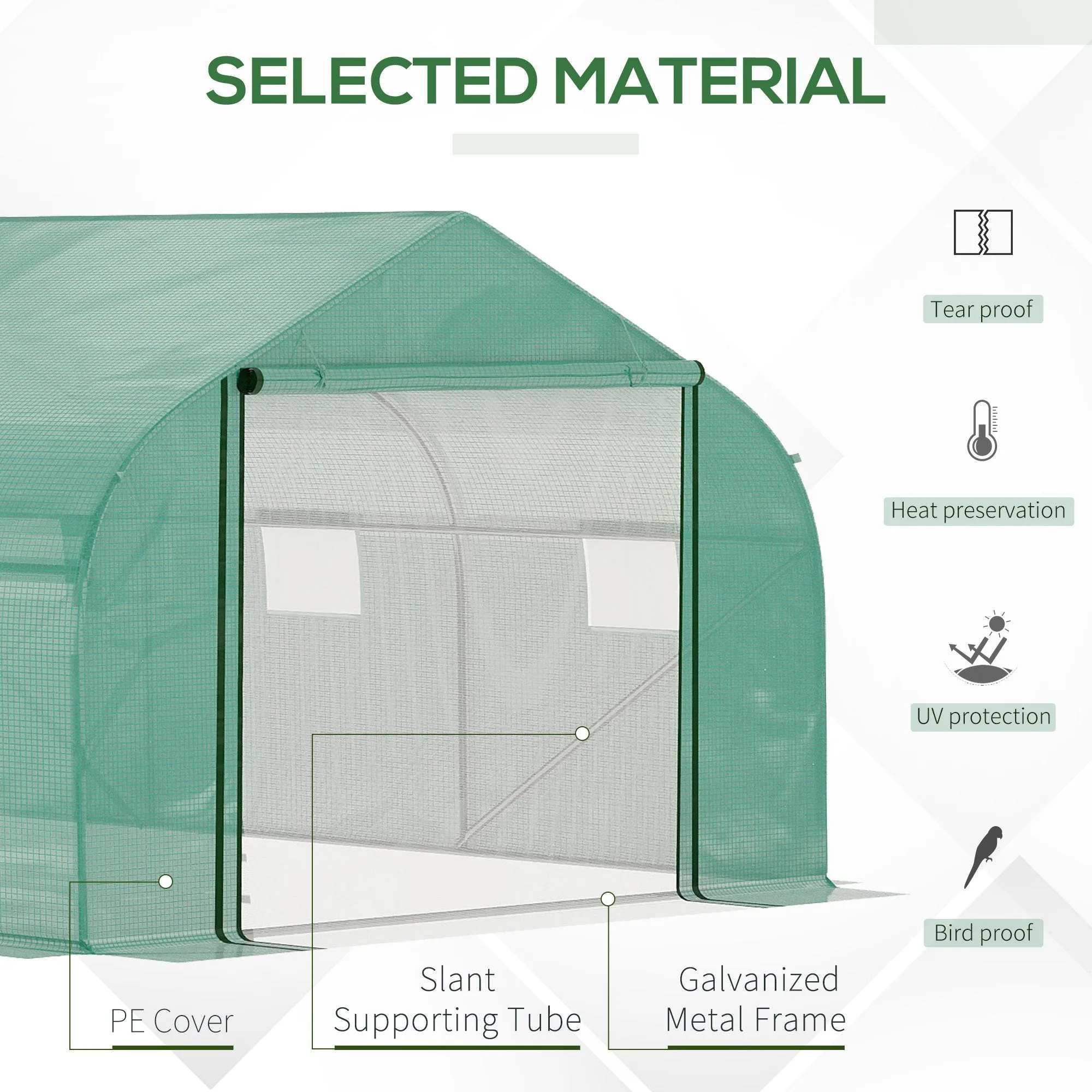 4.47 x 3 x 2m Walk-in Tunnel Greenhouse, Portable Polytunnel Tent, Plant Hot House with PE Cover, Zippered Roll Up Door and 6 Windows, Green