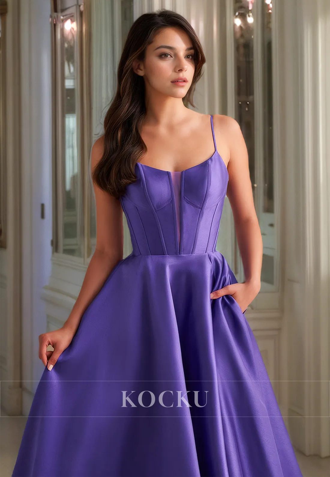 A-Line Spaghetti Straps Strapless Sleeveless Floor-Length Pleats Prom Dress with Slit Party Gown