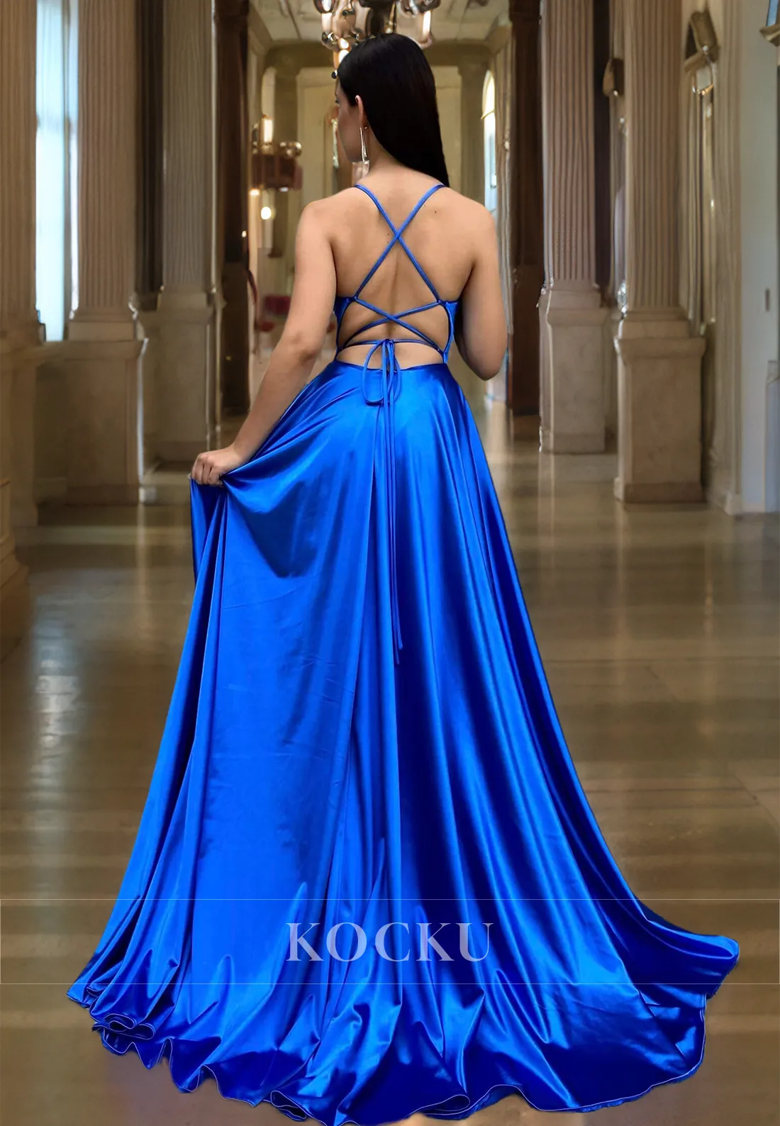 A-Line Spaghetti Straps Sweetheart Sleeveless Slit Pleats Satin Party Gown with Train Prom Dress