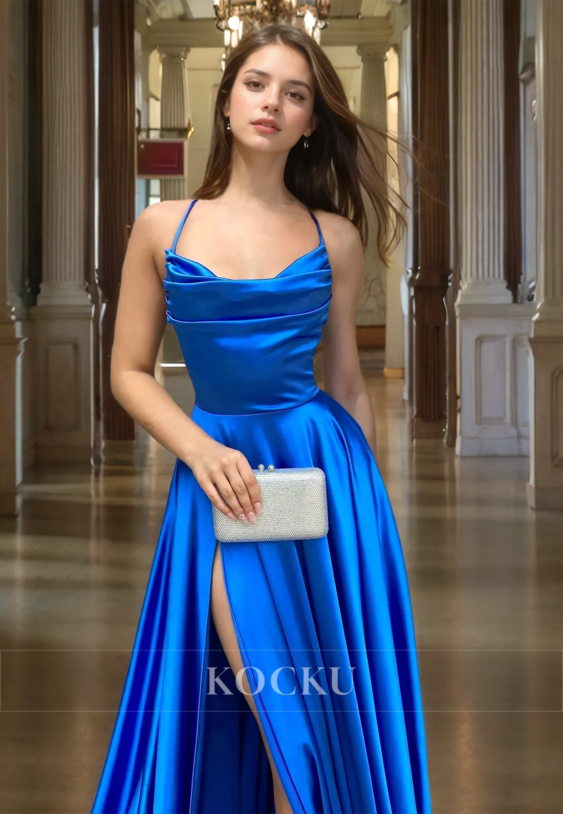 A-Line Spaghetti Straps Sweetheart Sleeveless Slit Pleats Satin Party Gown with Train Prom Dress