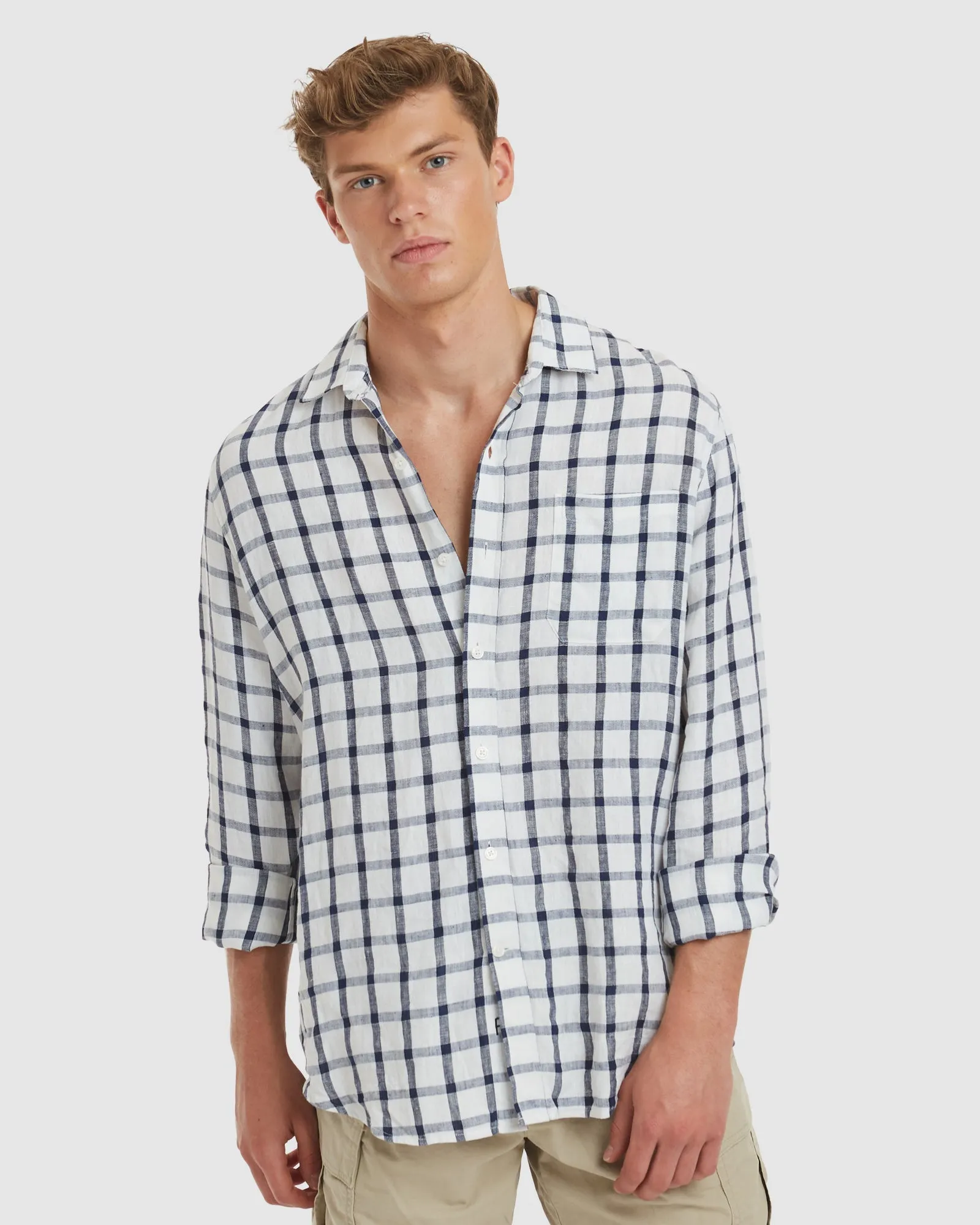 Antibes Blue Grid Linen Shirt - Casual Fit