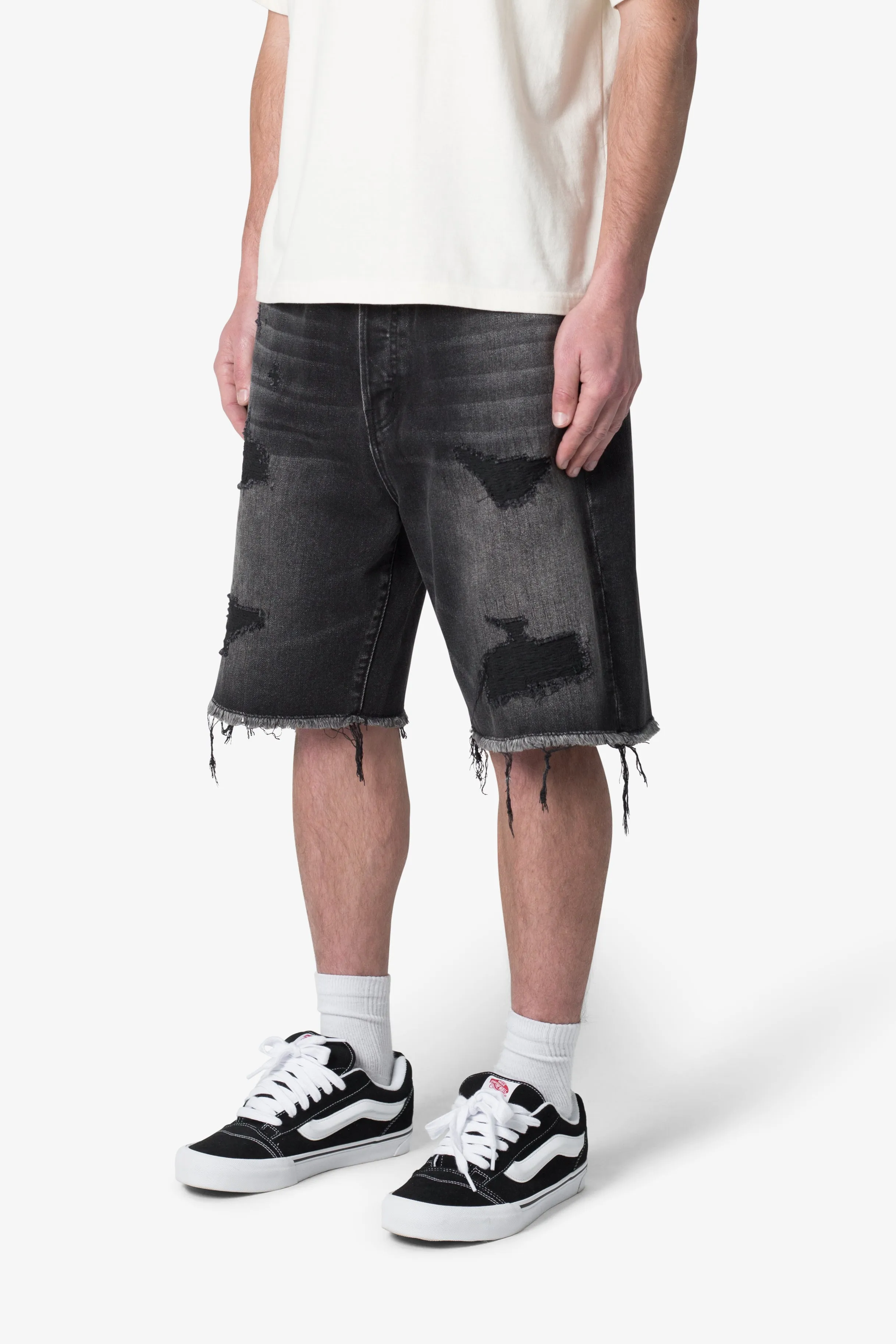 Baggy Rip Denim Shorts - Washed Black