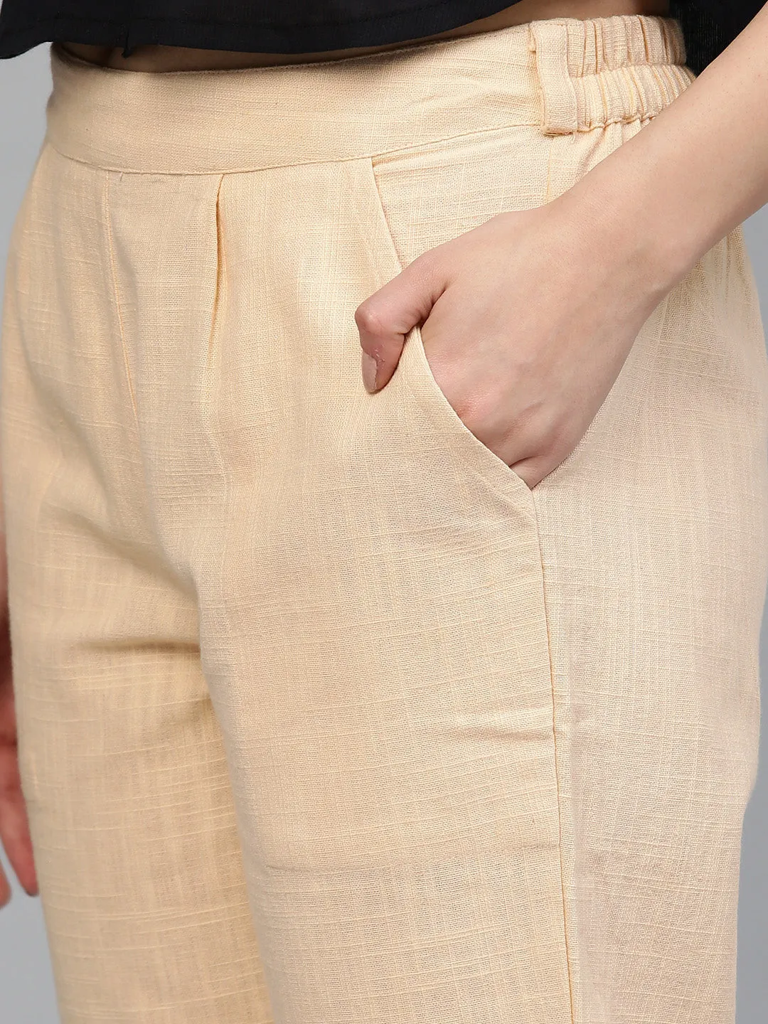 Beige Solid Cotton Slub Straight Pants