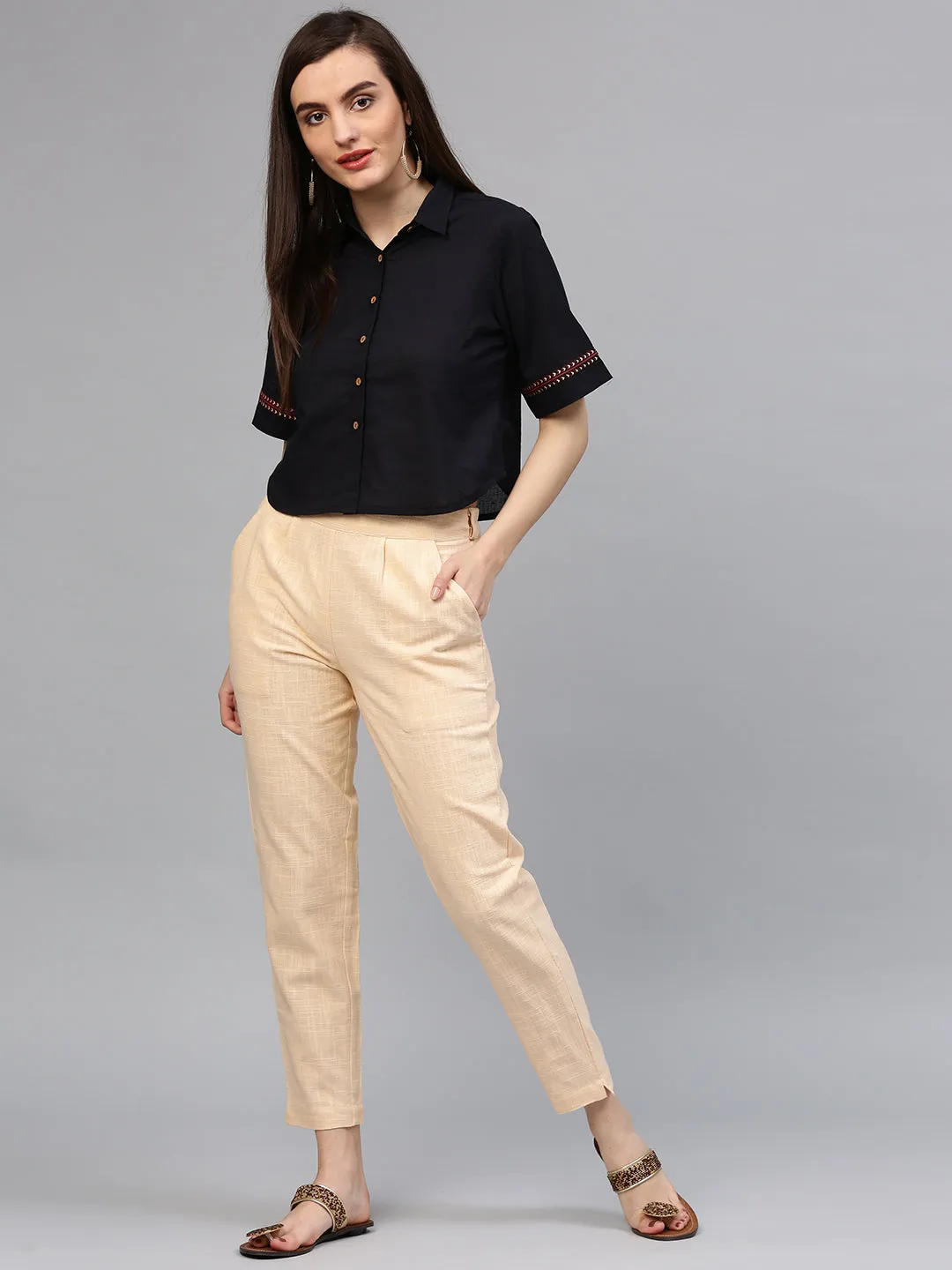 Beige Solid Cotton Slub Straight Pants