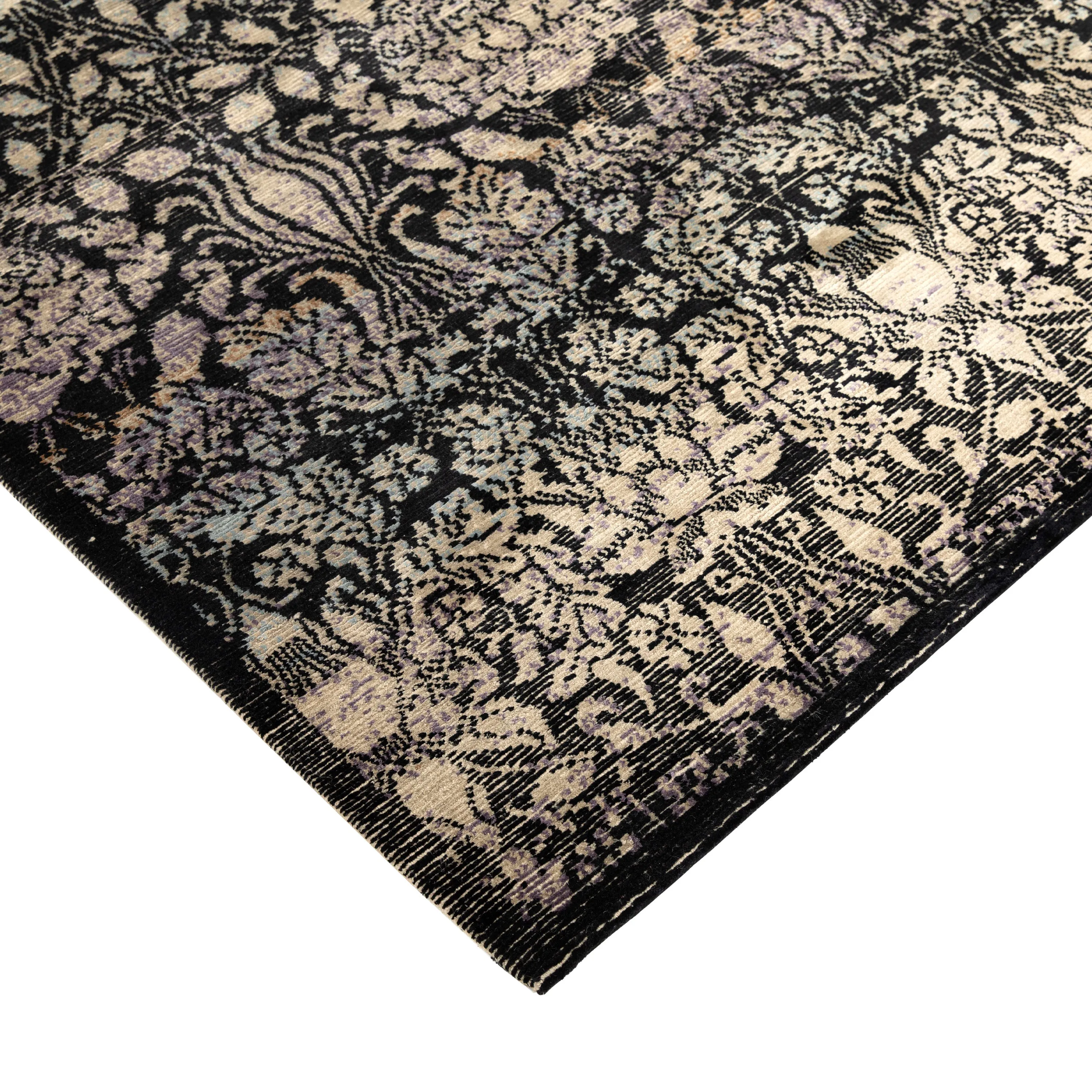 Black & Grey Contemporary Tibetan Silk Wool Blend Rug - 8'1" x 10'3"