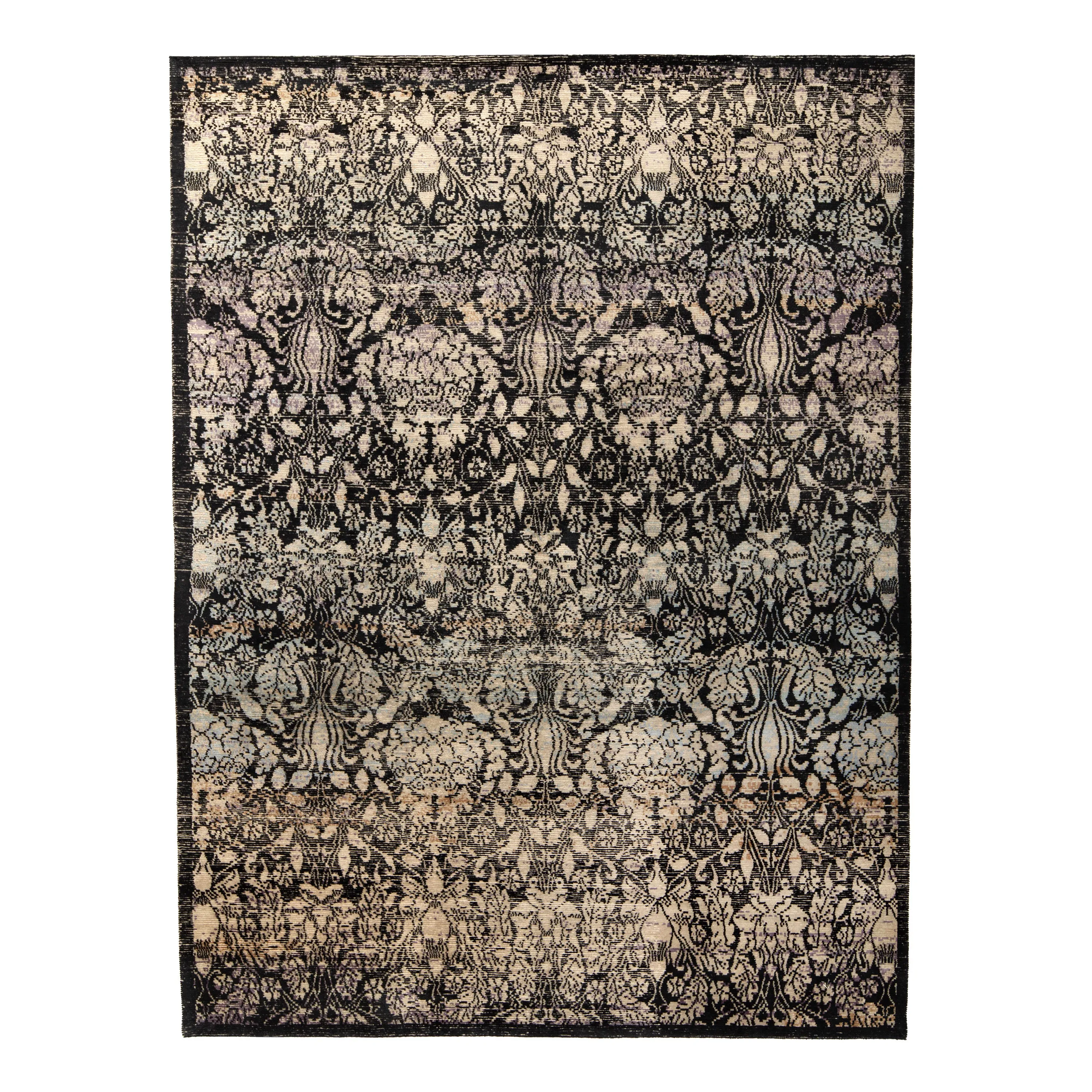 Black & Grey Contemporary Tibetan Silk Wool Blend Rug - 8'1" x 10'3"