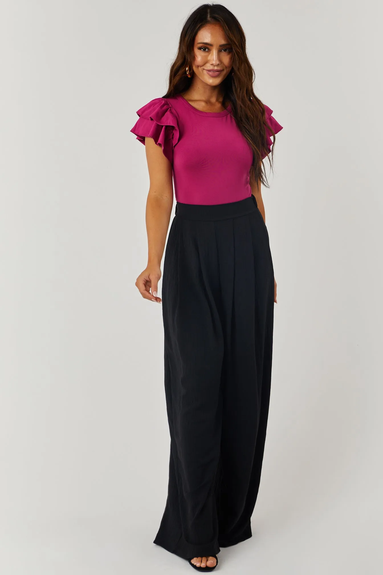 Black Pleated Wide Leg Flowy Elastic Waist Pants