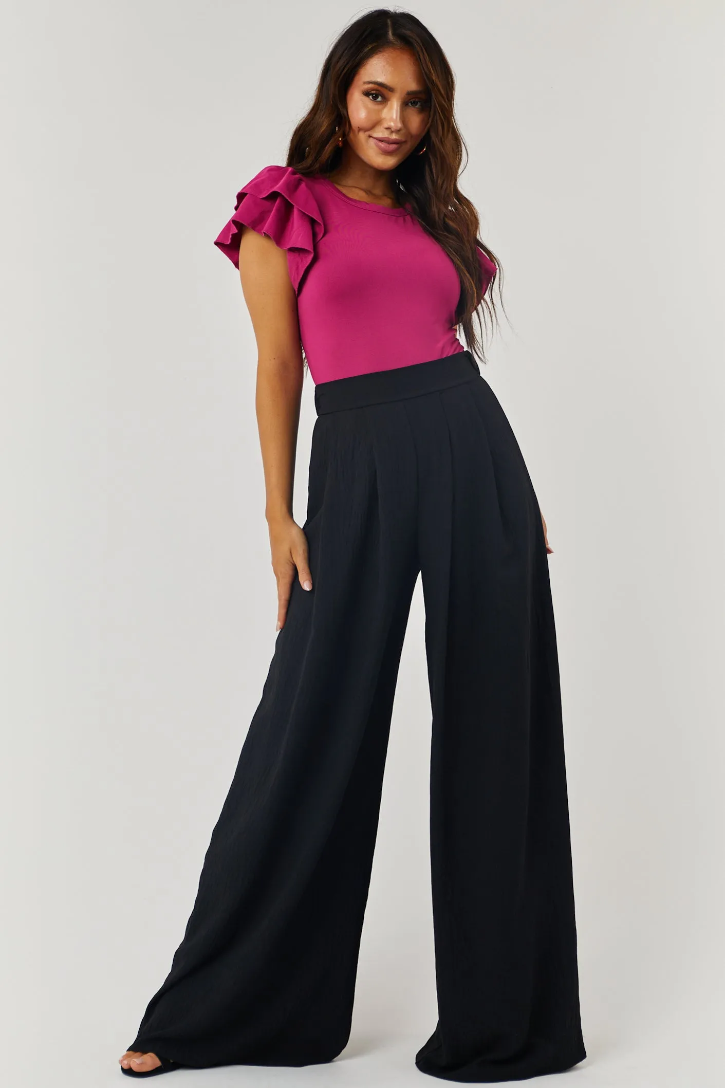 Black Pleated Wide Leg Flowy Elastic Waist Pants