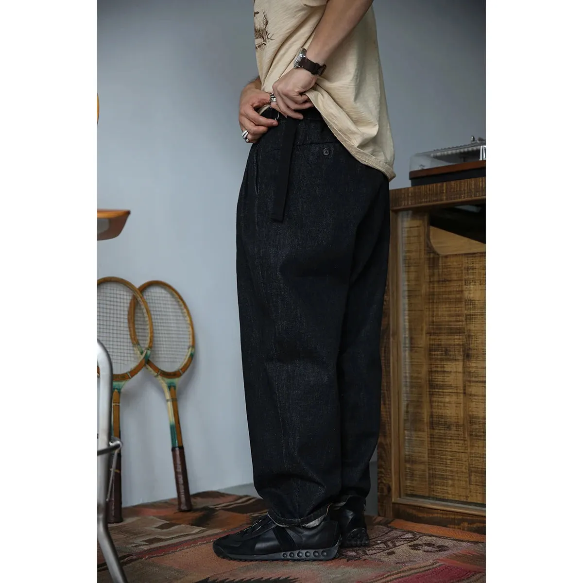 Black Selvage Denim High Rise British Army Pants - Pleated Jeans