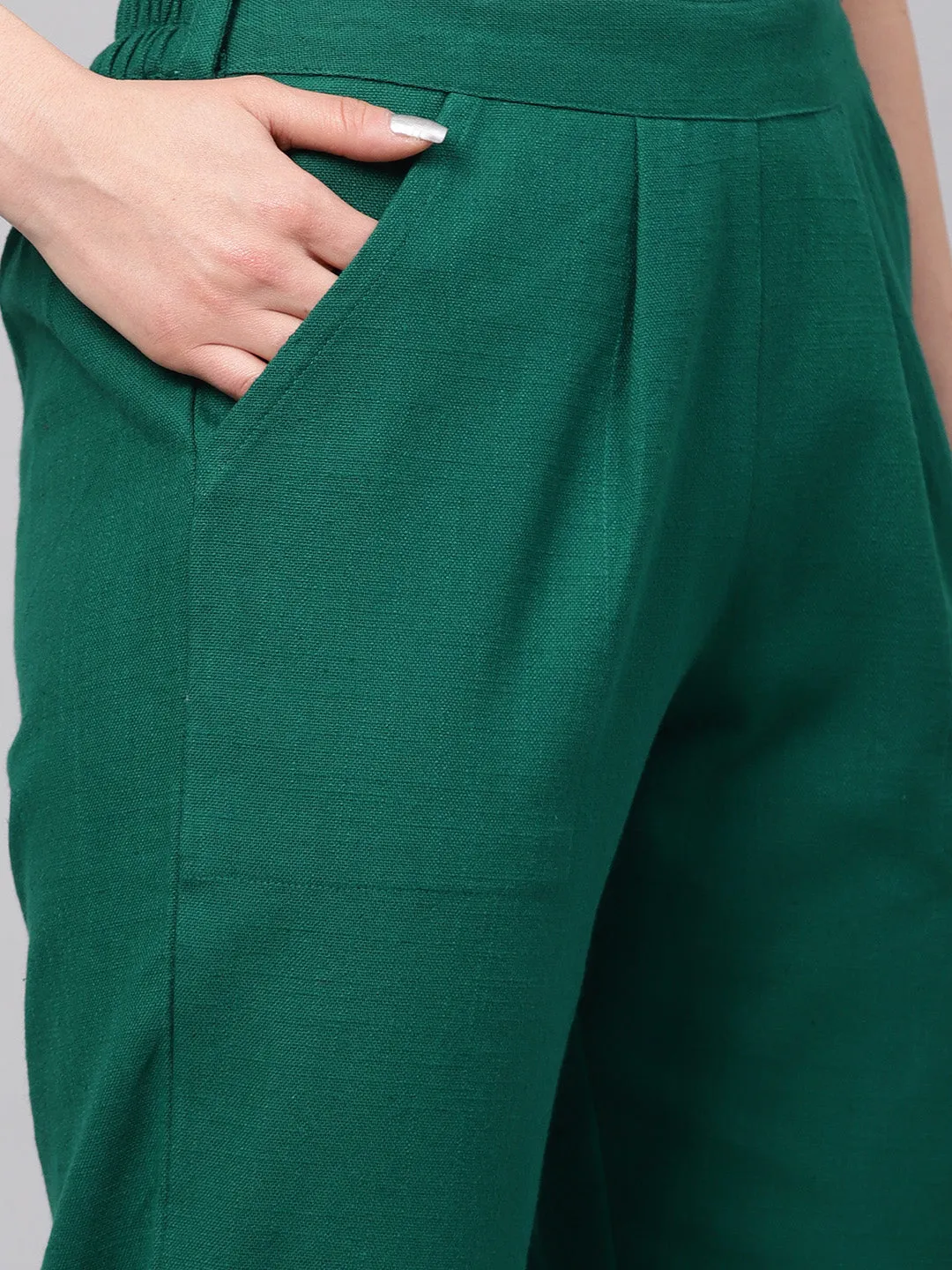 Bottle Green Solid Cotton Slub Straight Pants