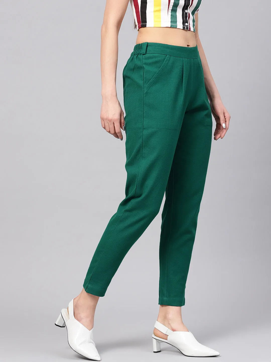 Bottle Green Solid Cotton Slub Straight Pants