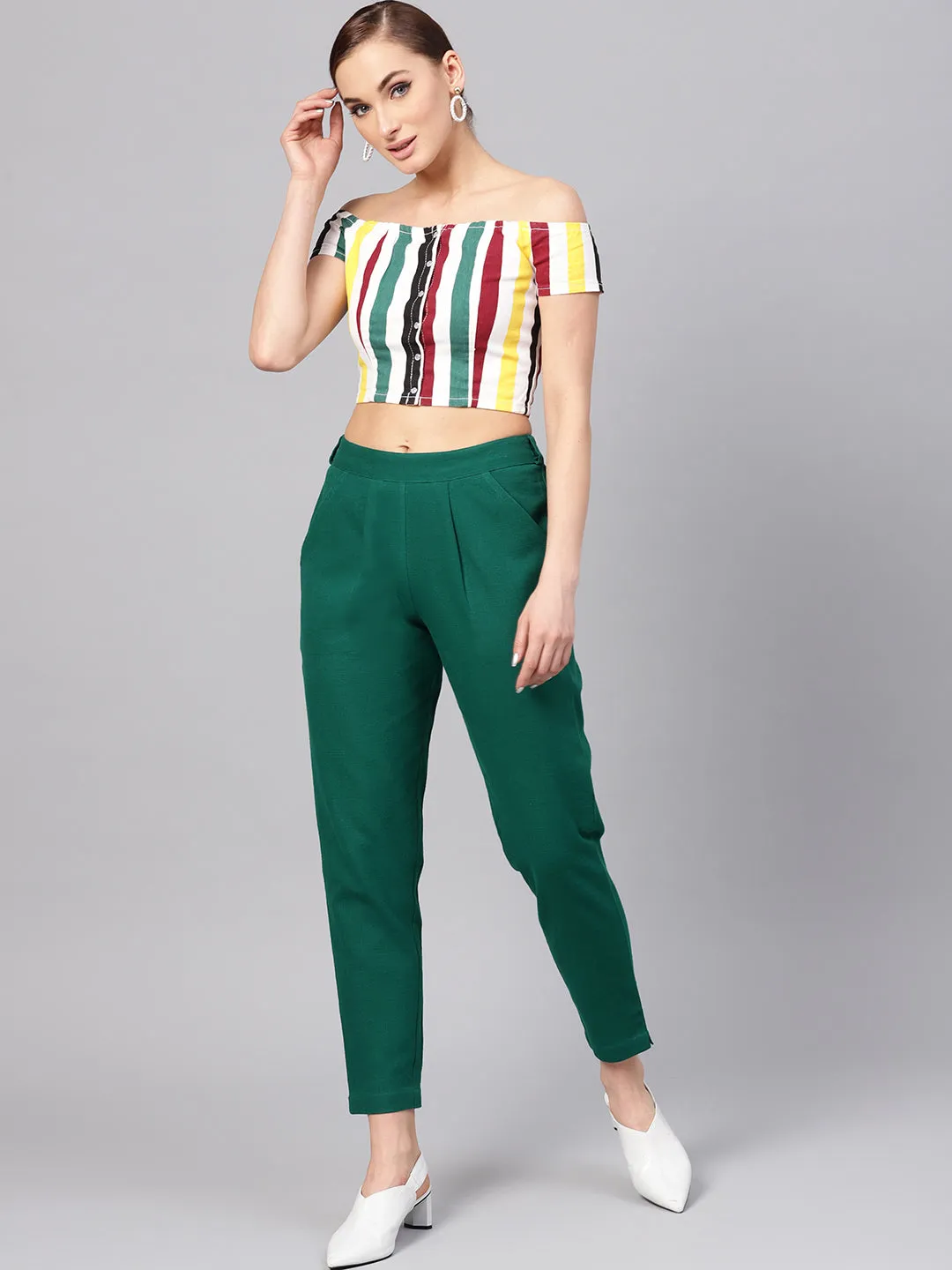 Bottle Green Solid Cotton Slub Straight Pants