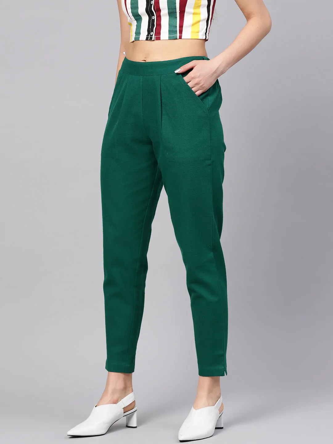 Bottle Green Solid Cotton Slub Straight Pants