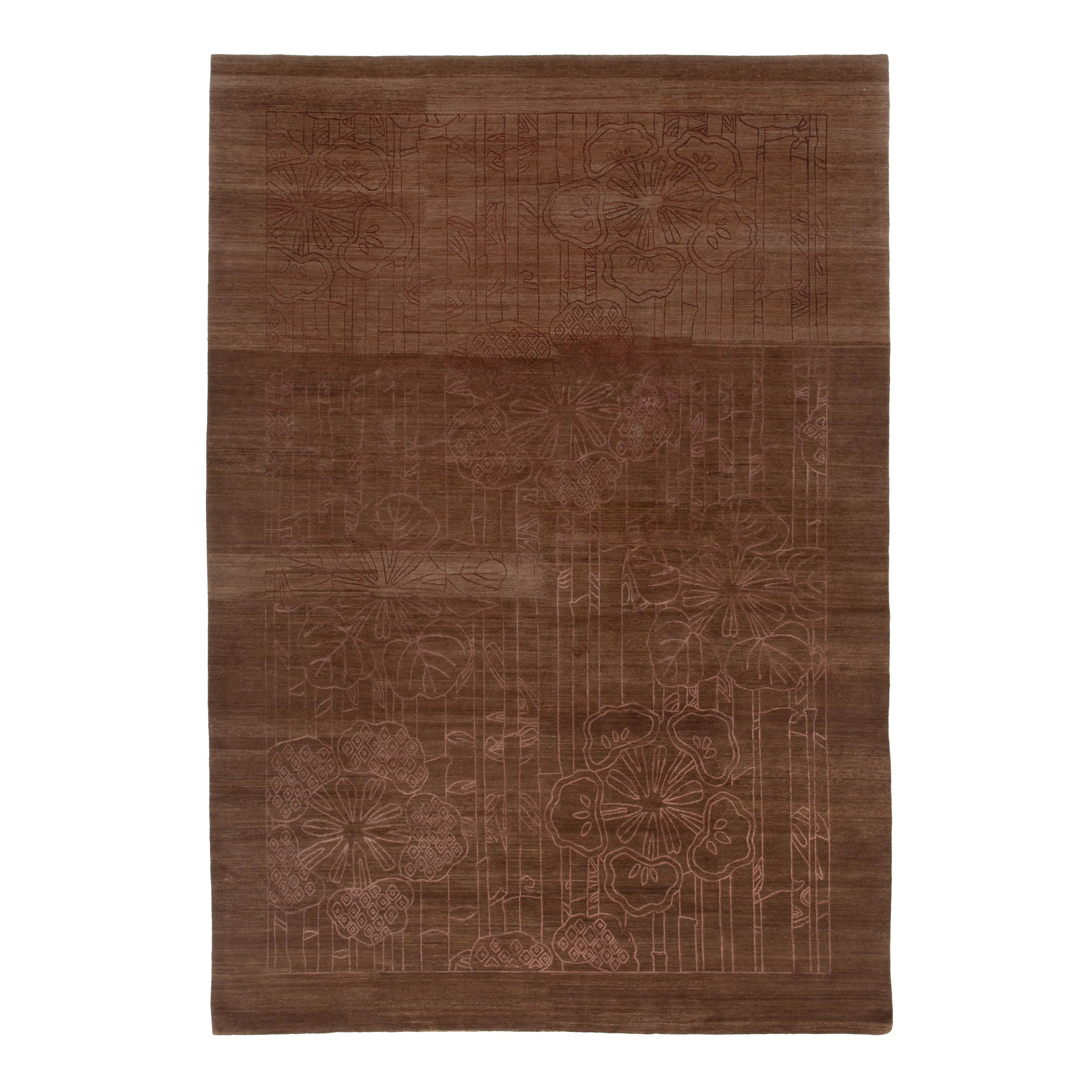 Brown & Pink Contemporary Tibetan Wool Silk Blend Rug - 10' x 14'1