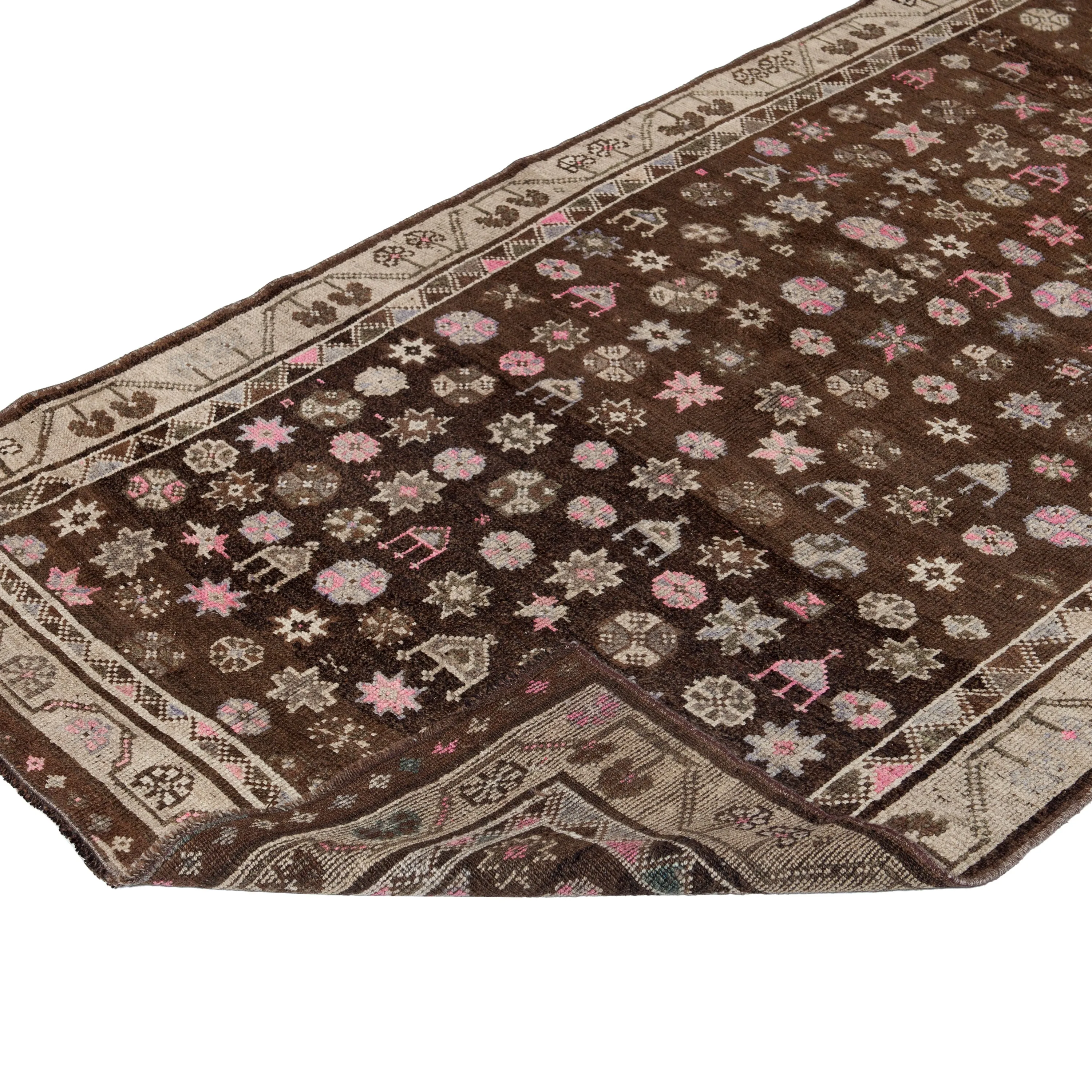 Brown Vintage Traditional Anatolian Wool Runner - 3'11" x 12"