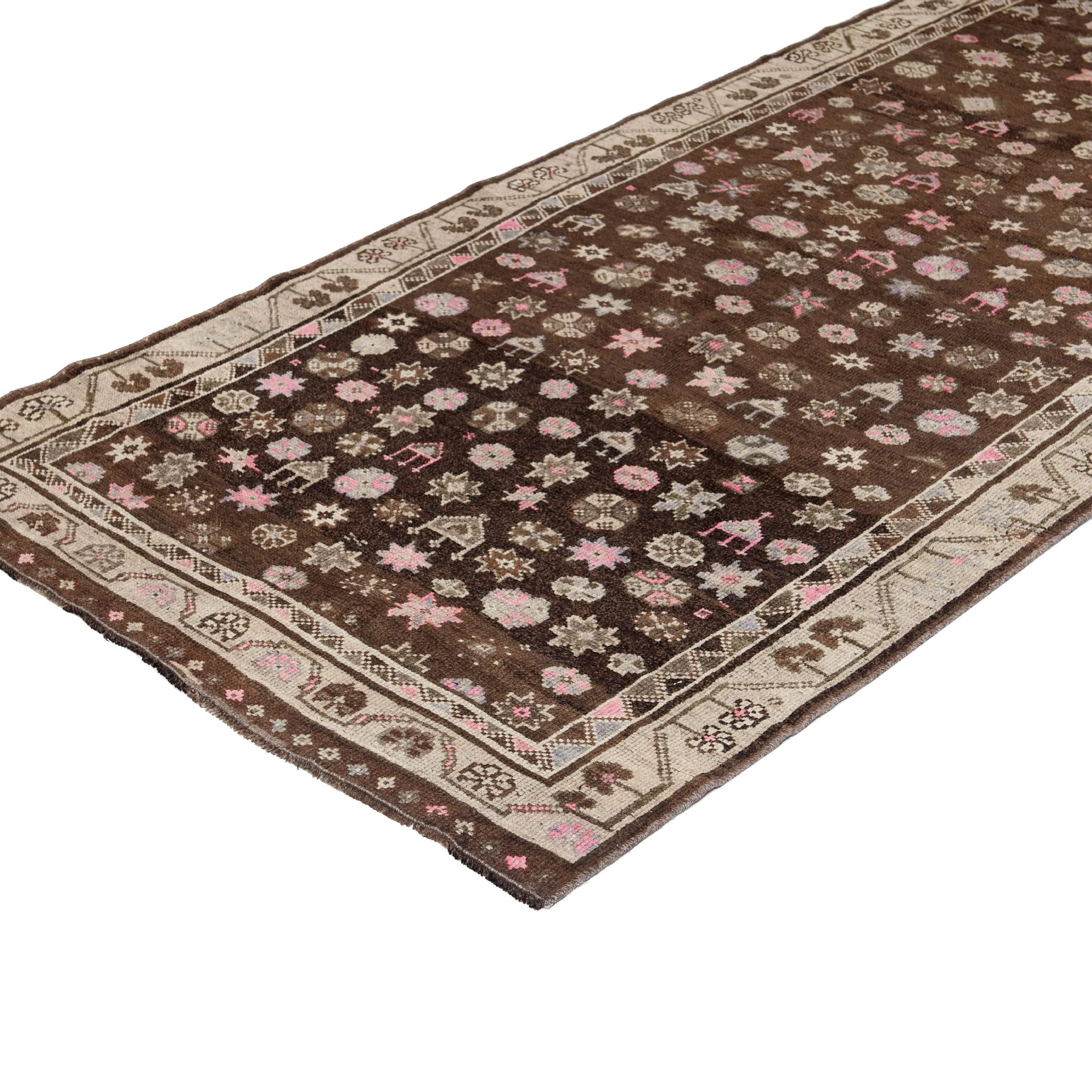 Brown Vintage Traditional Anatolian Wool Runner - 3'11" x 12"