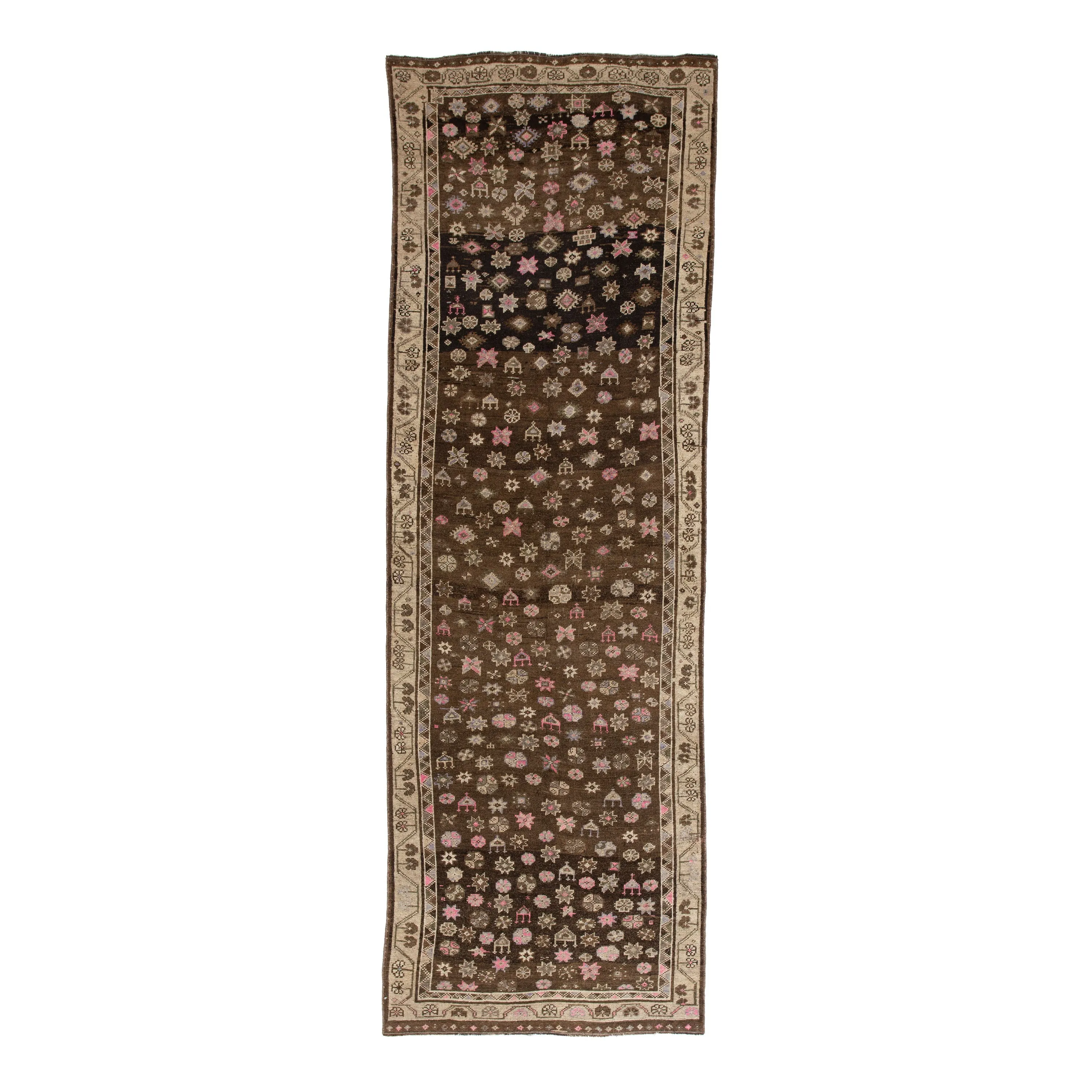 Brown Vintage Traditional Anatolian Wool Runner - 3'11" x 12"