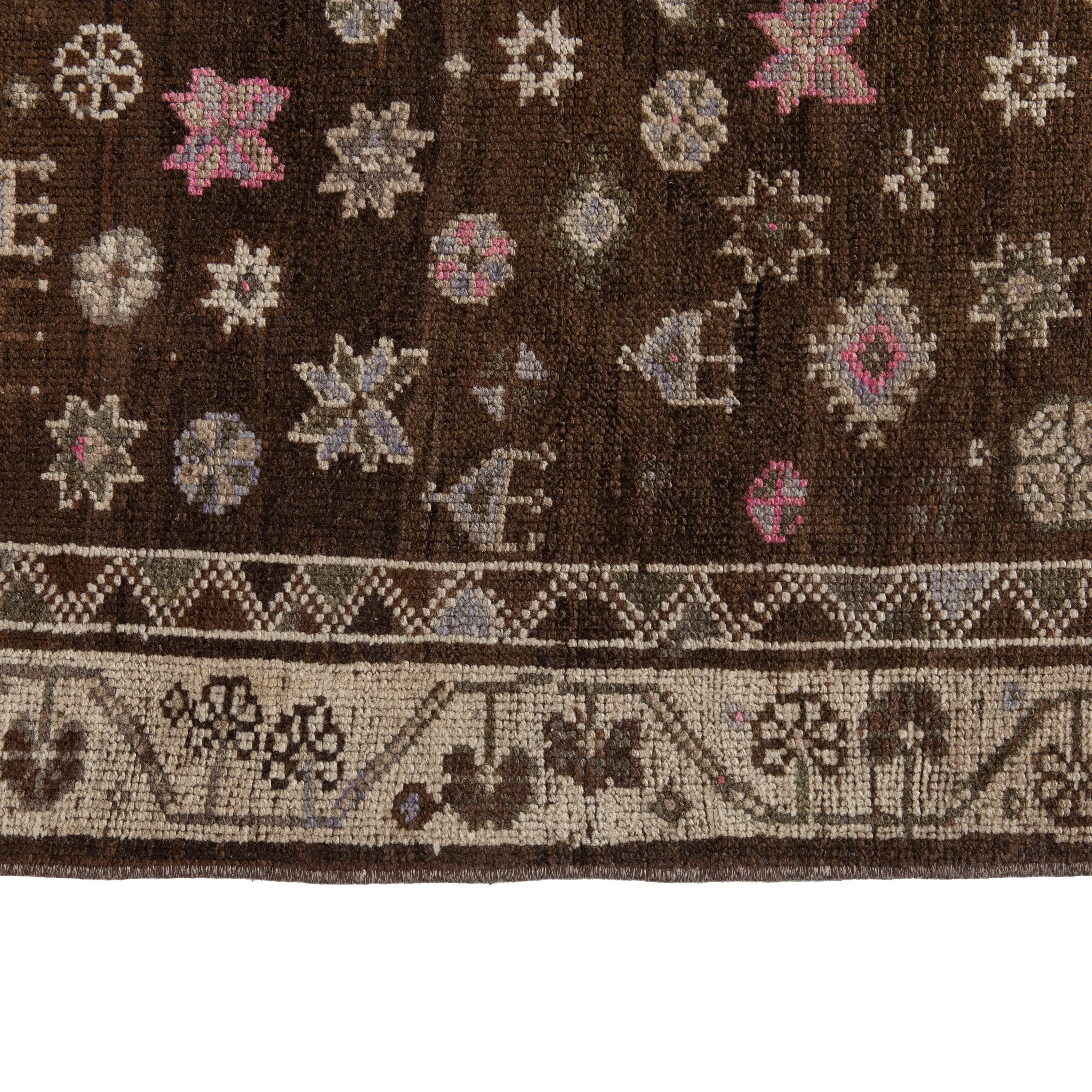 Brown Vintage Traditional Anatolian Wool Runner - 3'11" x 12"