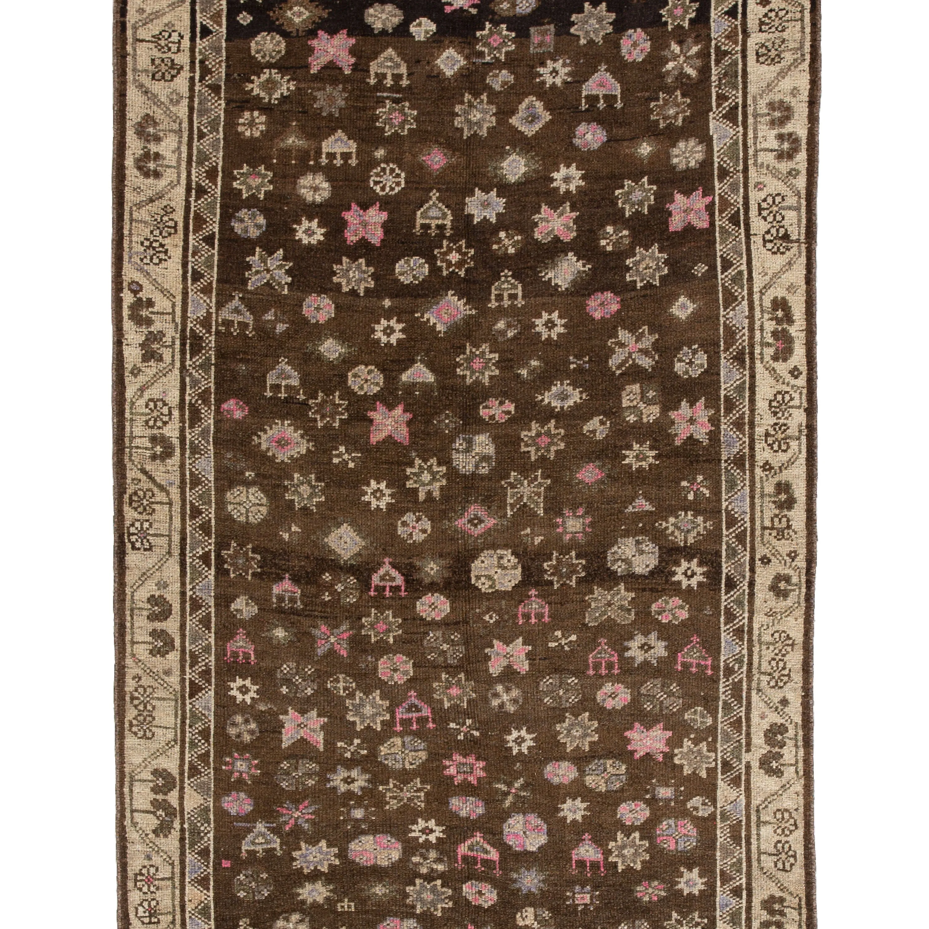 Brown Vintage Traditional Anatolian Wool Runner - 3'11" x 12"