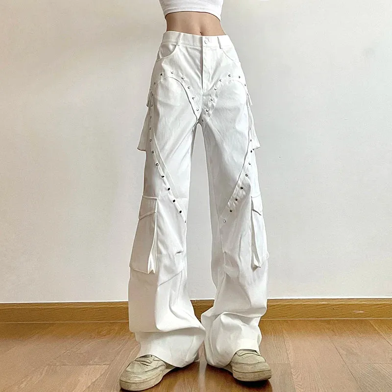 Casual White Design Cargo Pants Women Patched Heart Shape Sweatpants Harajuku Rivet Draped Baggy Trousers Y2K Outfits