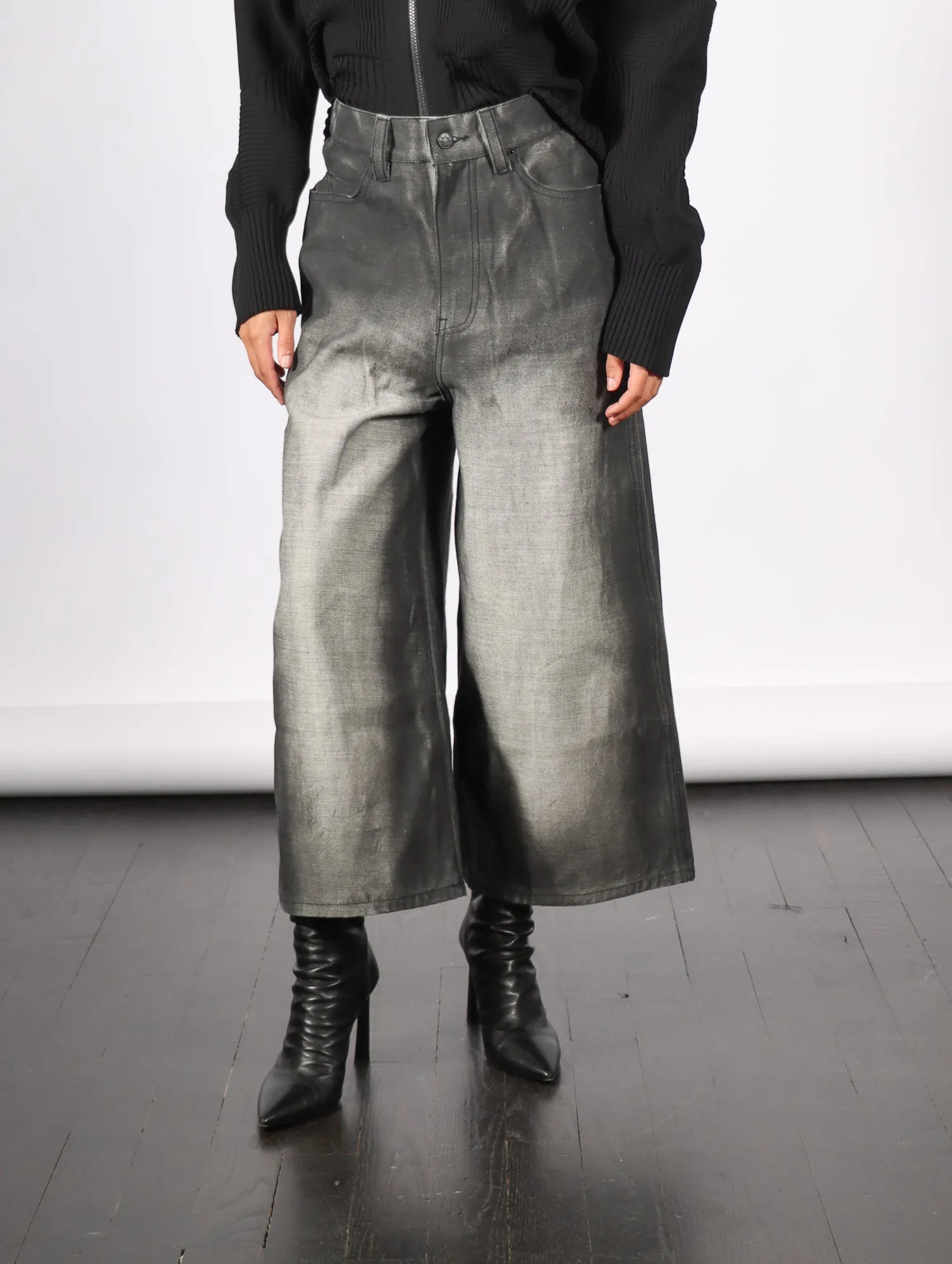 Cropped Denim Pants in Black Shadow Paint by Melitta Baumeister