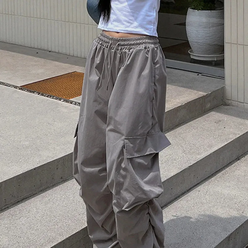 Harajuku Drawstring Elastic Waist Sweatpants Cargo Trousers Female Casual Shirring Pockets Stacked Pants Baggy Bottom