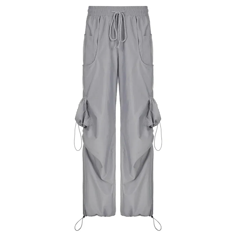 Harajuku Solid Drawstring Cargo Pants Female Streetwear Tech Pockets Draped Baggy Trousers Hip Hop Sweatpants Outfits