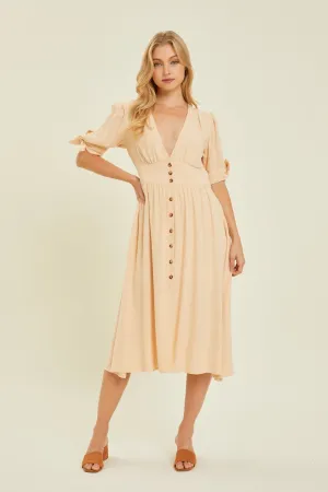 HEYSON Full Size Textured Linen V-Neck Button-Down Midi Dress