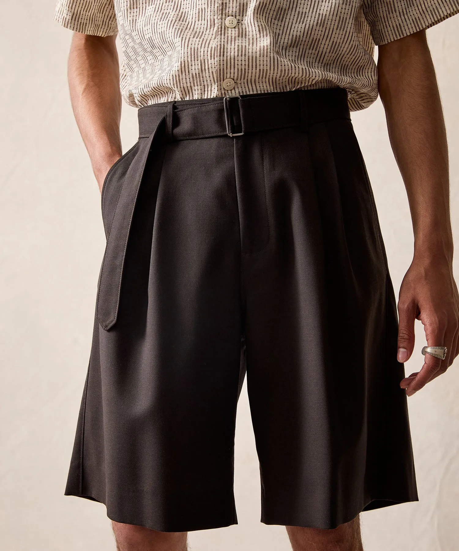 Italian Gabardine Belted Short in Dark Brown