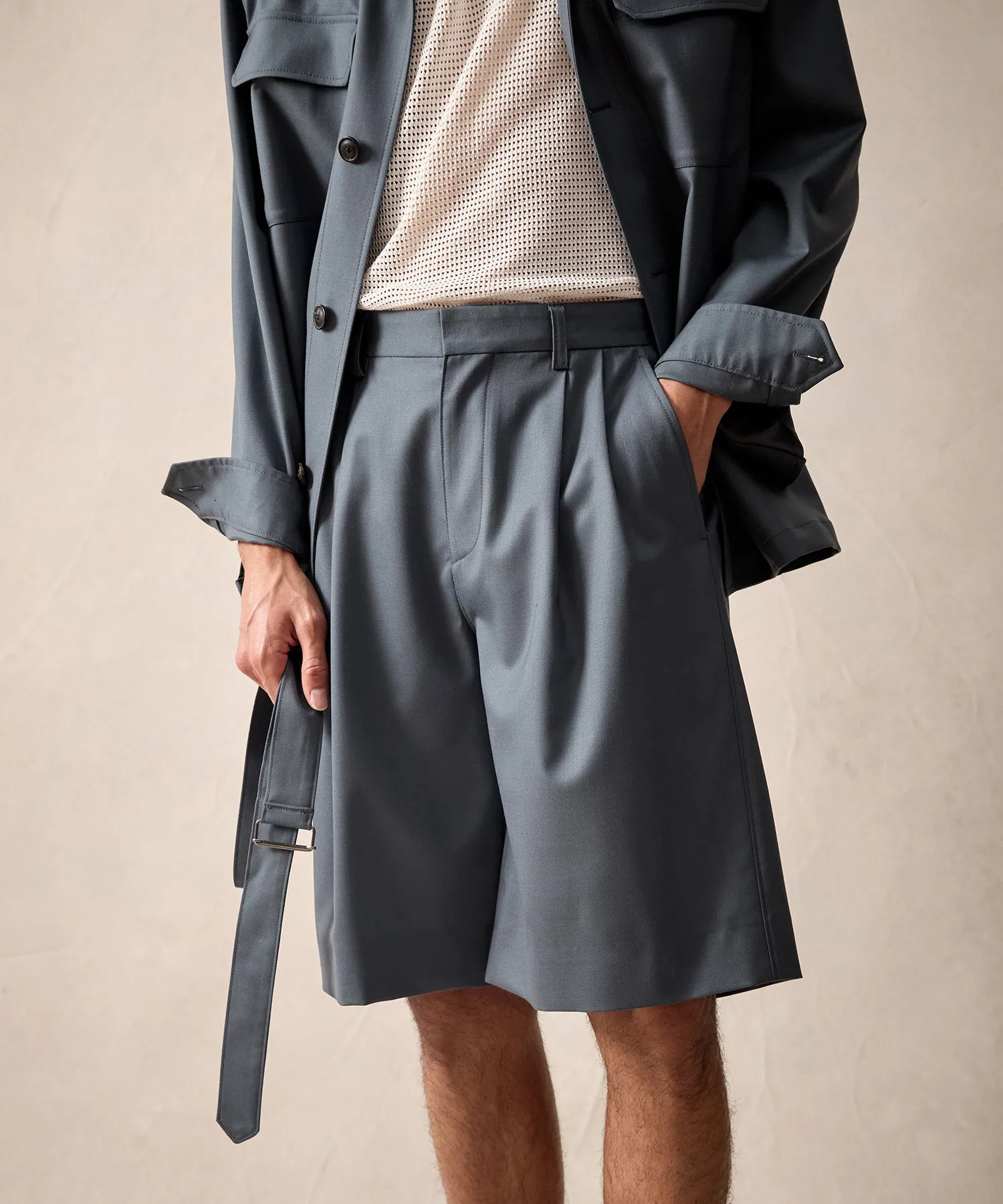 Italian Gabardine Belted Short in Steel Blue