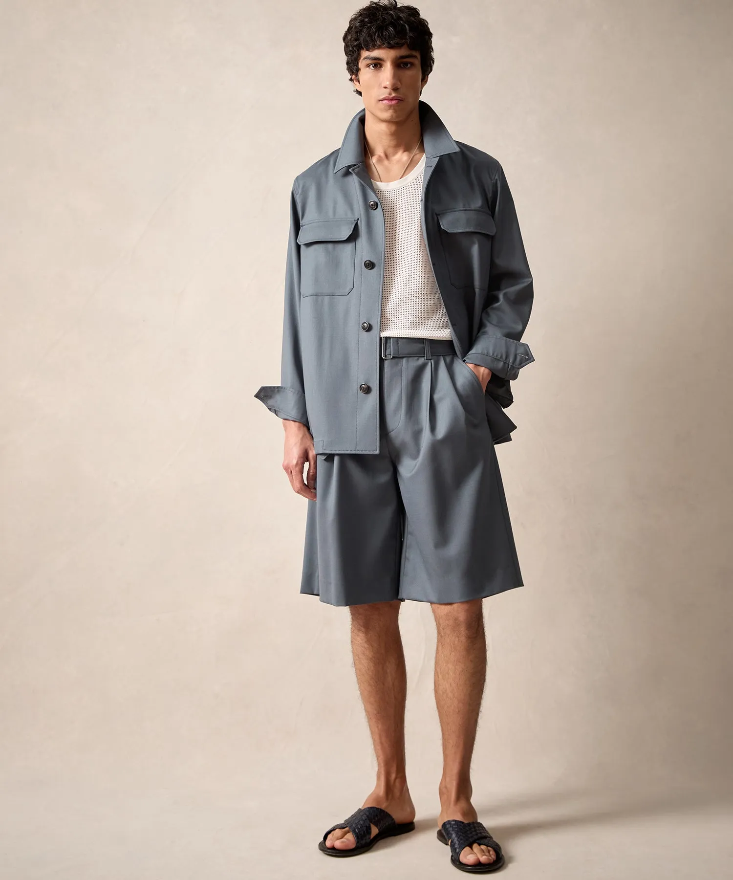 Italian Gabardine Belted Short in Steel Blue