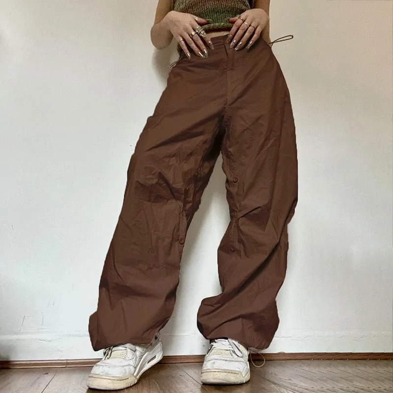 KittenAlarm - Mojoyce  Women Casual Joggers Tech Pants Vintage Solid Low Waist Drawstring Baggy Trousers Y2K Wide Leg Sweatpants Streetwear Cargo Pants