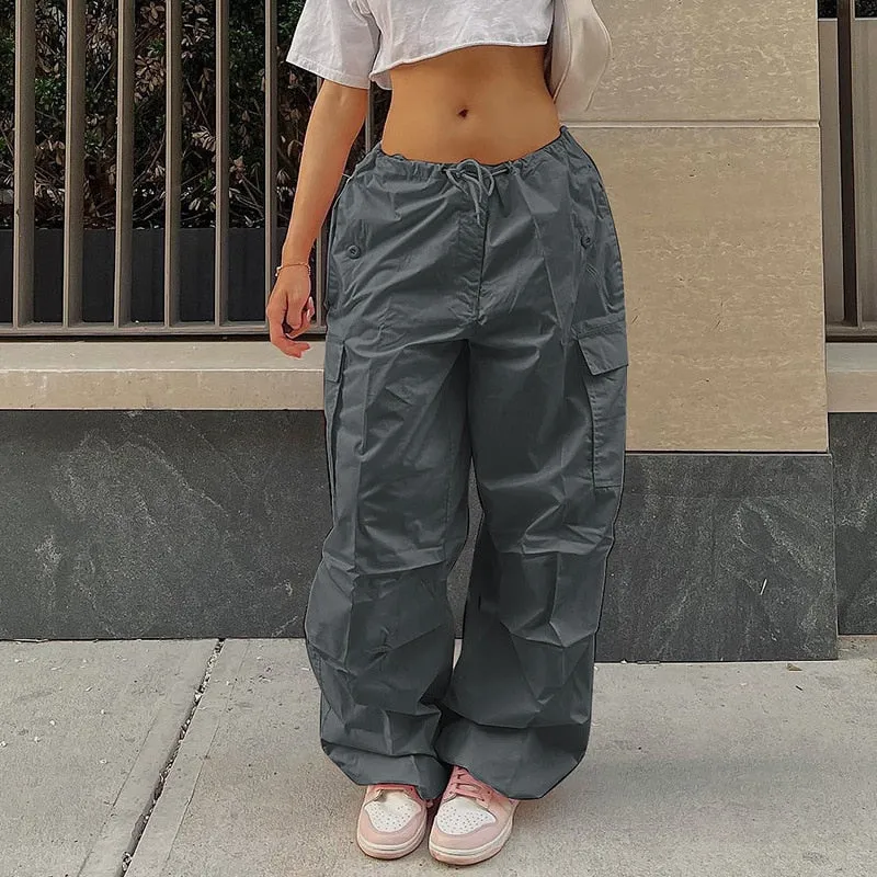 KittenAlarm - Mojoyce  Y2K Women Cargo Pants Casual Solid Drawstring Low Waist Baggy Wide Leg Sweatpants Vintage Hippie Jogger Tech Trousers Streetwear