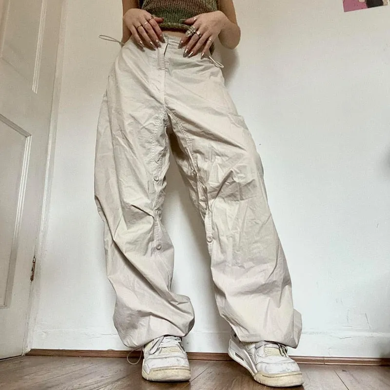 KittenAlarm - Mojoyce  Y2K Women Cargo Pants Casual Solid Drawstring Low Waist Baggy Wide Leg Sweatpants Vintage Hippie Jogger Tech Trousers Streetwear