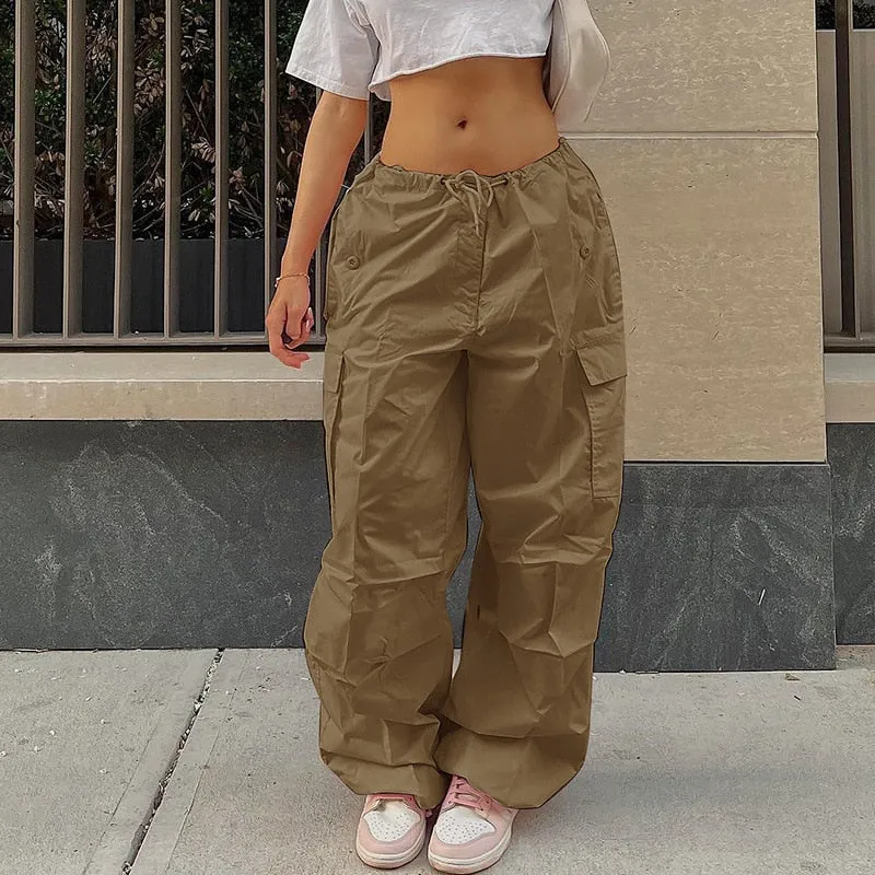 KittenAlarm - Mojoyce  Y2K Women Cargo Pants Casual Solid Drawstring Low Waist Baggy Wide Leg Sweatpants Vintage Hippie Jogger Tech Trousers Streetwear