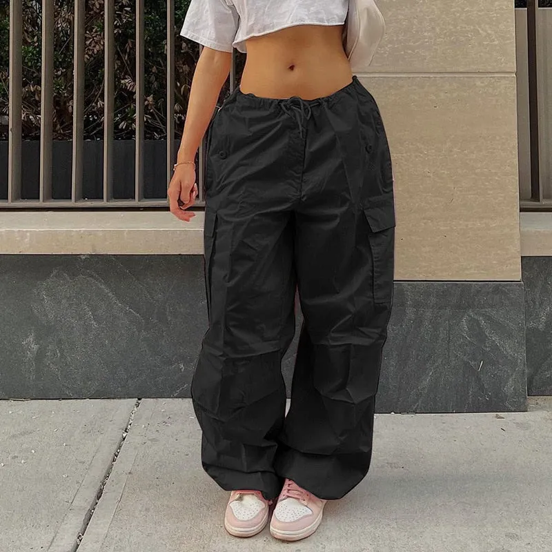 KittenAlarm - Mojoyce  Y2K Women Cargo Pants Casual Solid Drawstring Low Waist Baggy Wide Leg Sweatpants Vintage Hippie Jogger Tech Trousers Streetwear