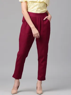 Maroon Solid Cotton Slub Straight Pants