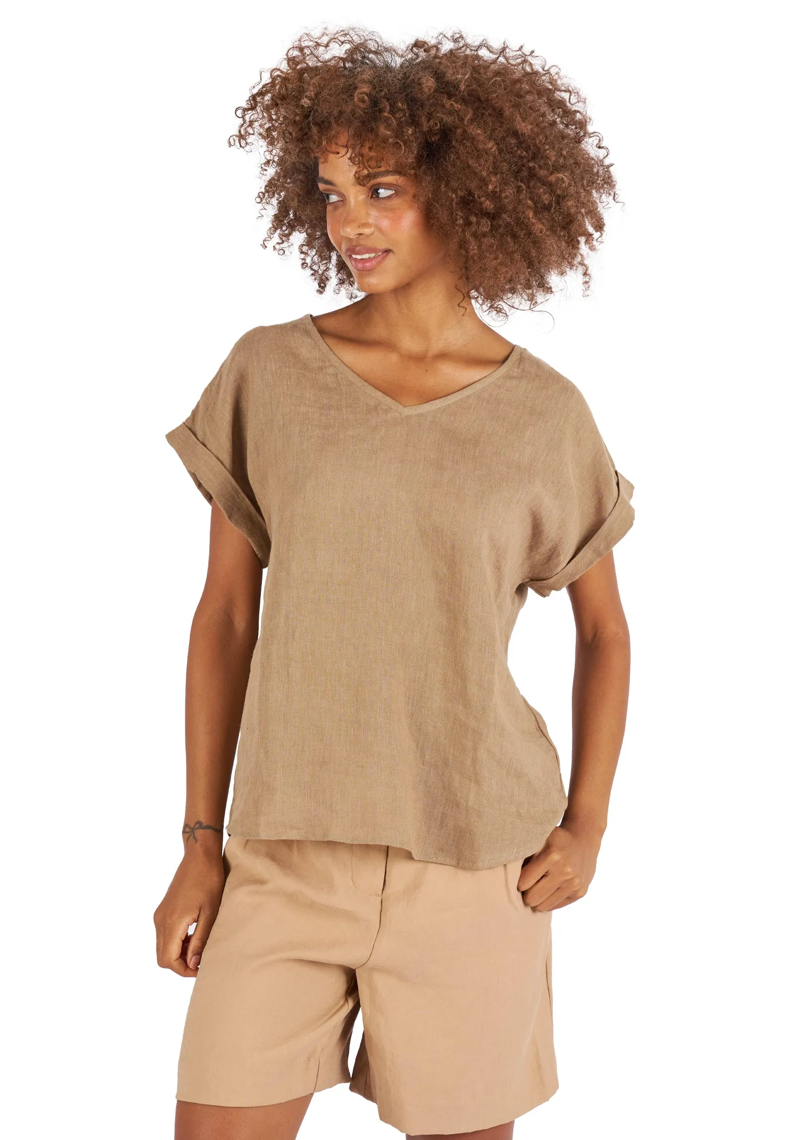 Martina Hazelnut Sand Washed Linen T-Shirt