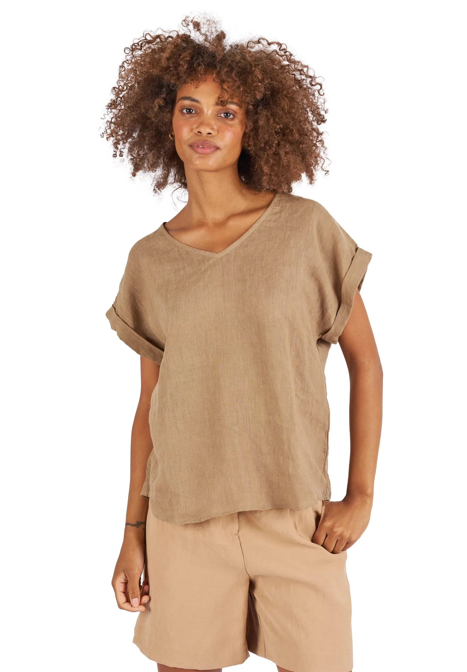 Martina Hazelnut Sand Washed Linen T-Shirt