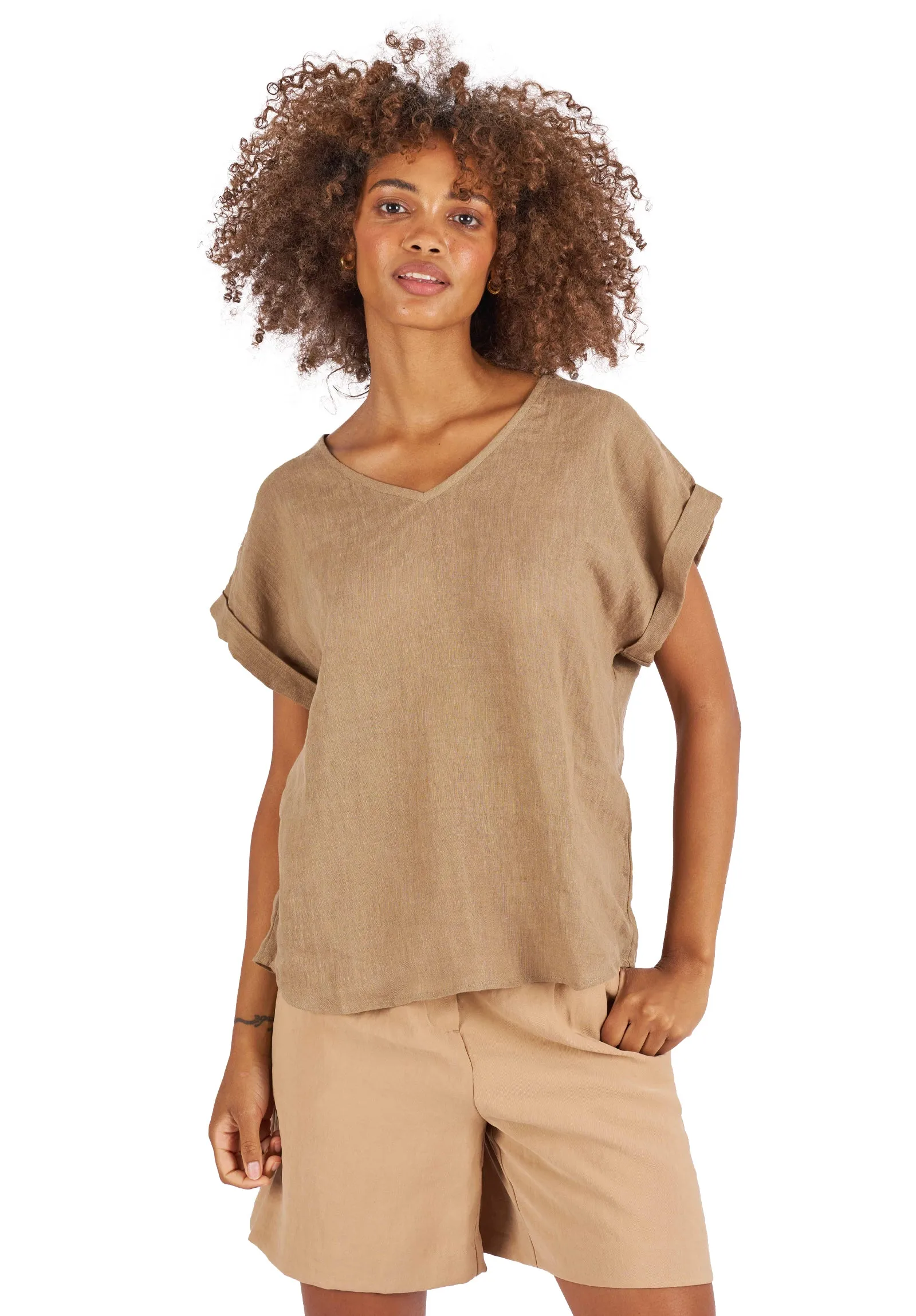 Martina Hazelnut Sand Washed Linen T-Shirt