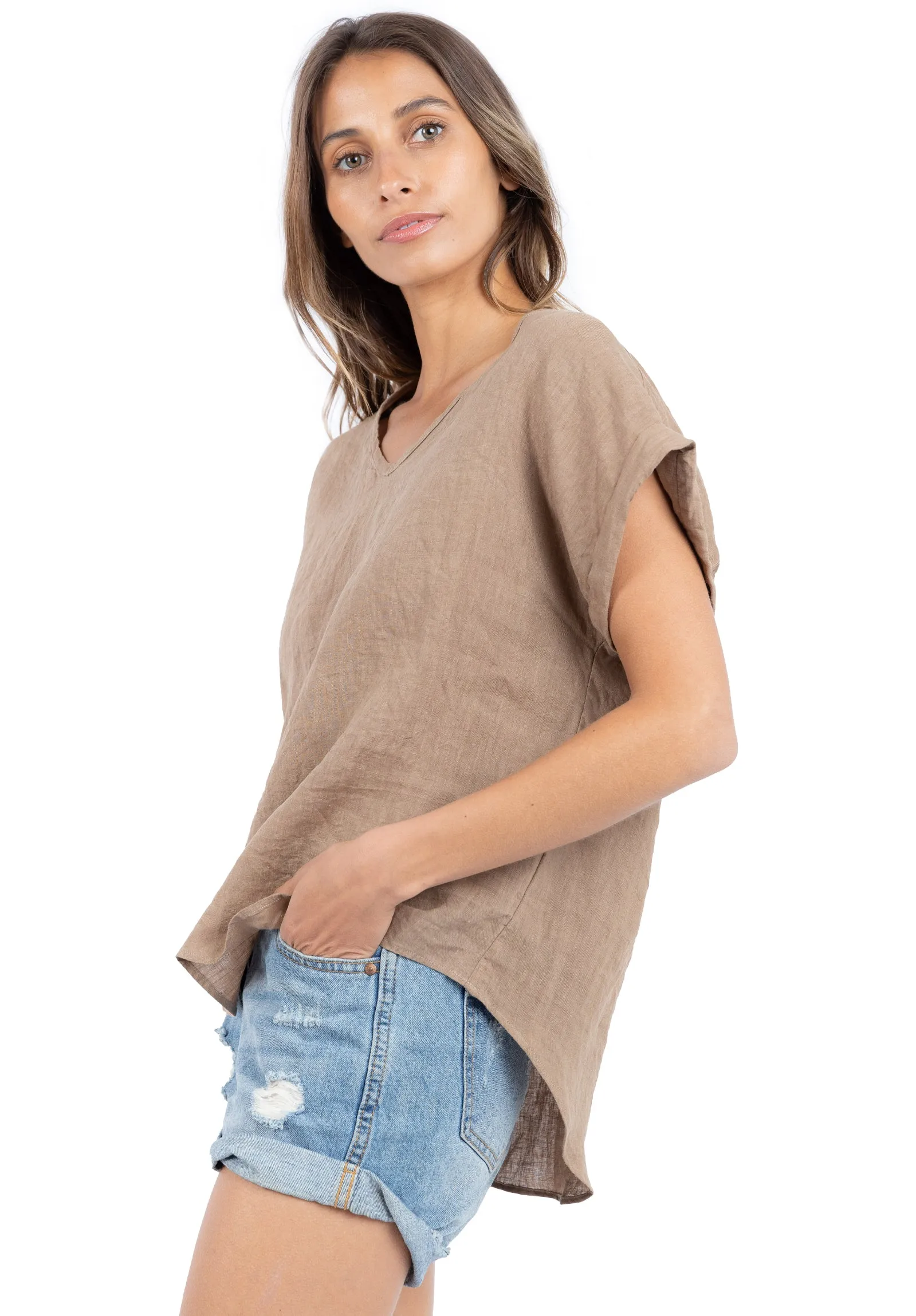 Martina Hazelnut Sand Washed Linen T-Shirt