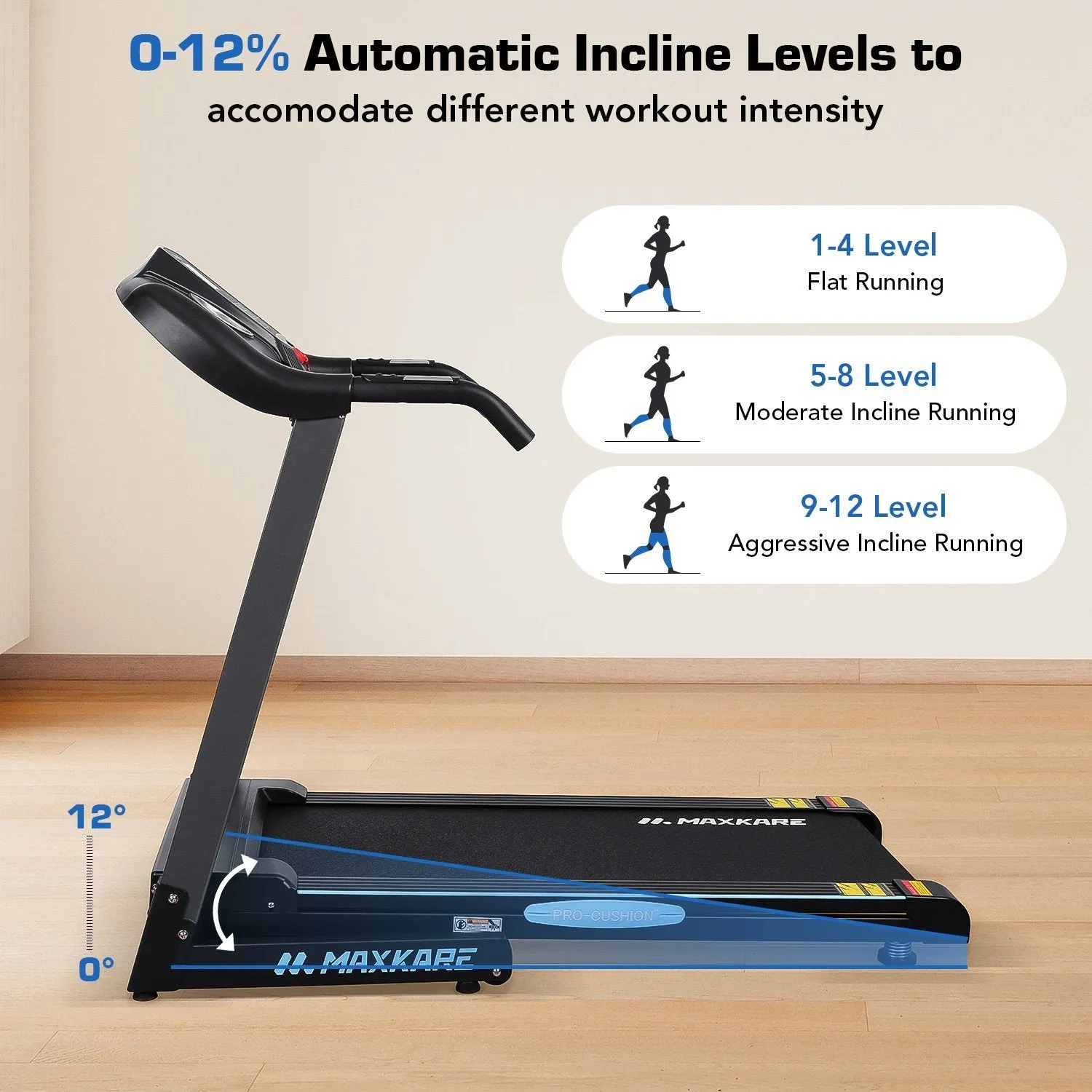 MaxKare Treadmill with 12% Auto Incline Folding Treadmill Running Machine 2.5 HP Power 8.5 MPH Speed with 15 Preset LCD Display for Home Use