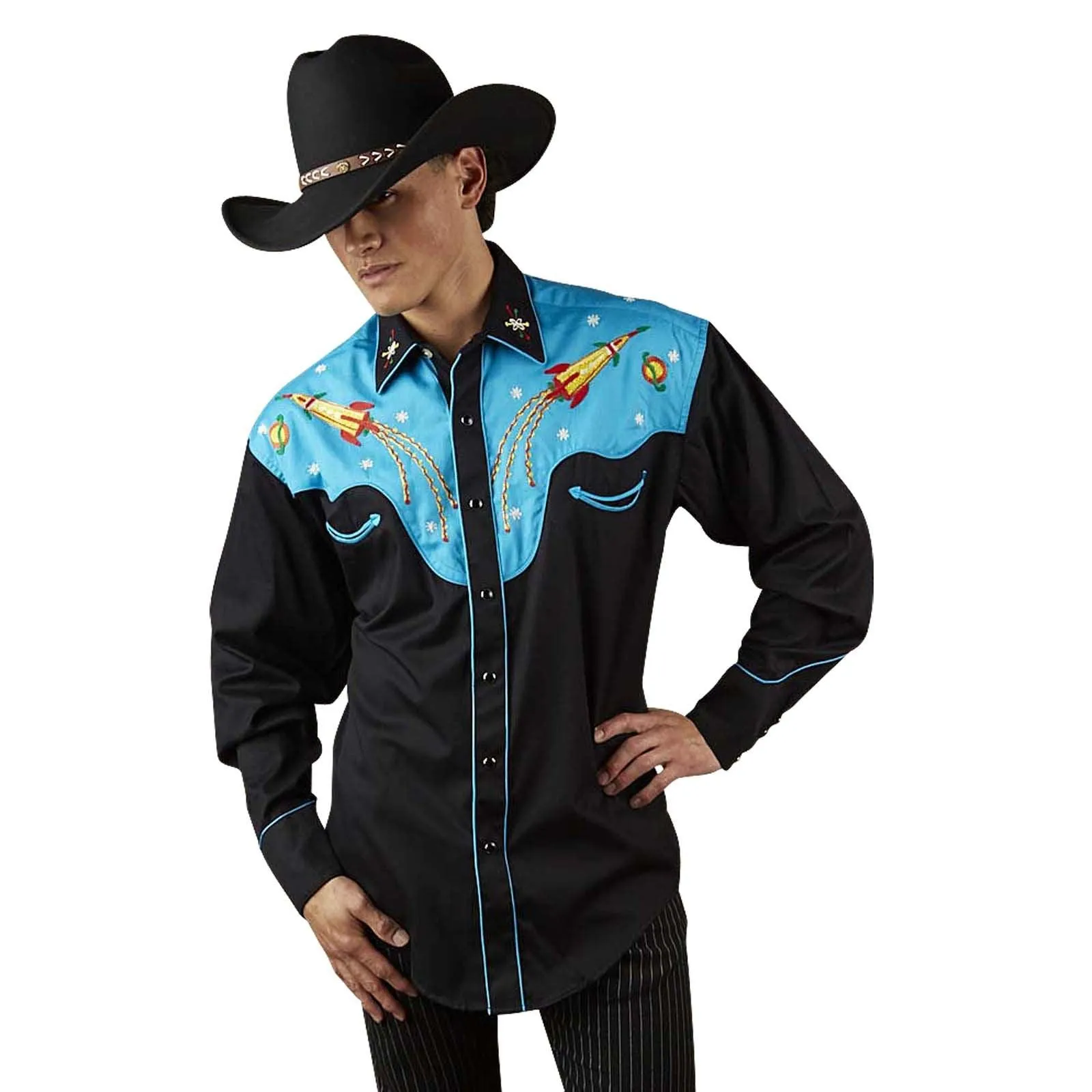 Men's 2-Tone Space Cowboy Embroidered Western Shirt