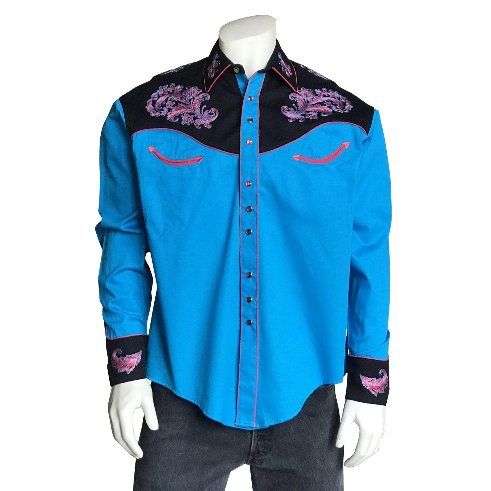 Men’s Vintage 2-Tone Turquoise & Black Western Shirt with Floral Embroidery