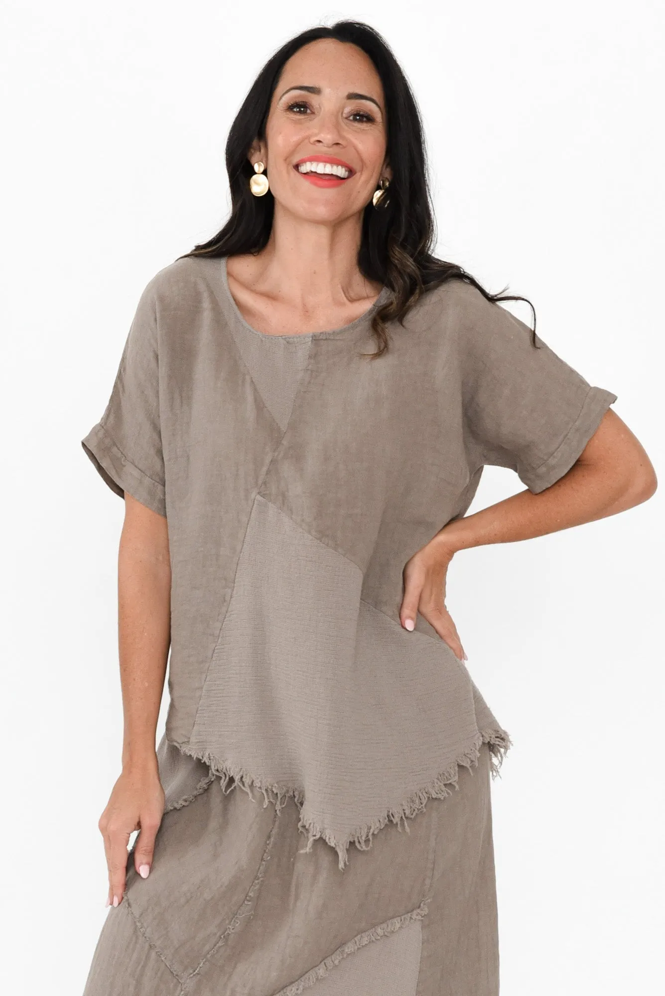 Mikena Taupe Linen Asymmetric Top