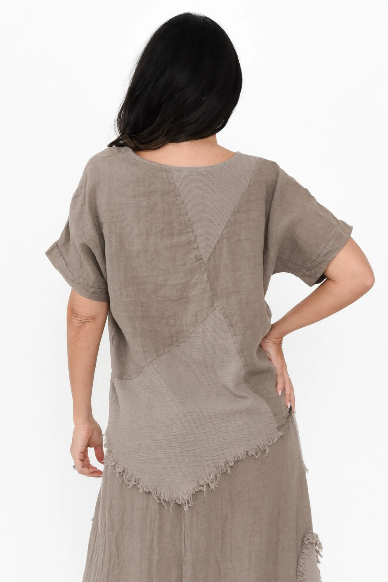 Mikena Taupe Linen Asymmetric Top