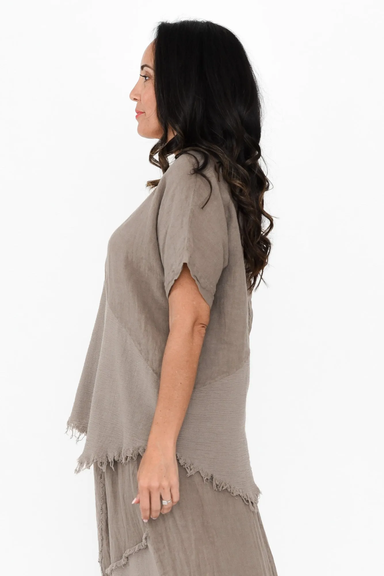 Mikena Taupe Linen Asymmetric Top