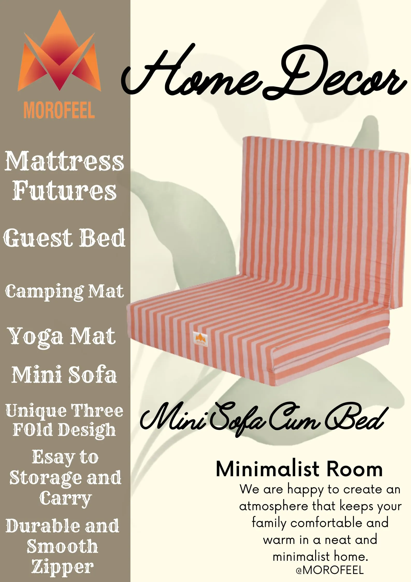 MOROFEEL 3 Inch UHD Foam Three Fold Single Bed Reversible Orange Mattress (72 x 35 x 3) || Foldable Lightweight Gadda for Travel Picnic