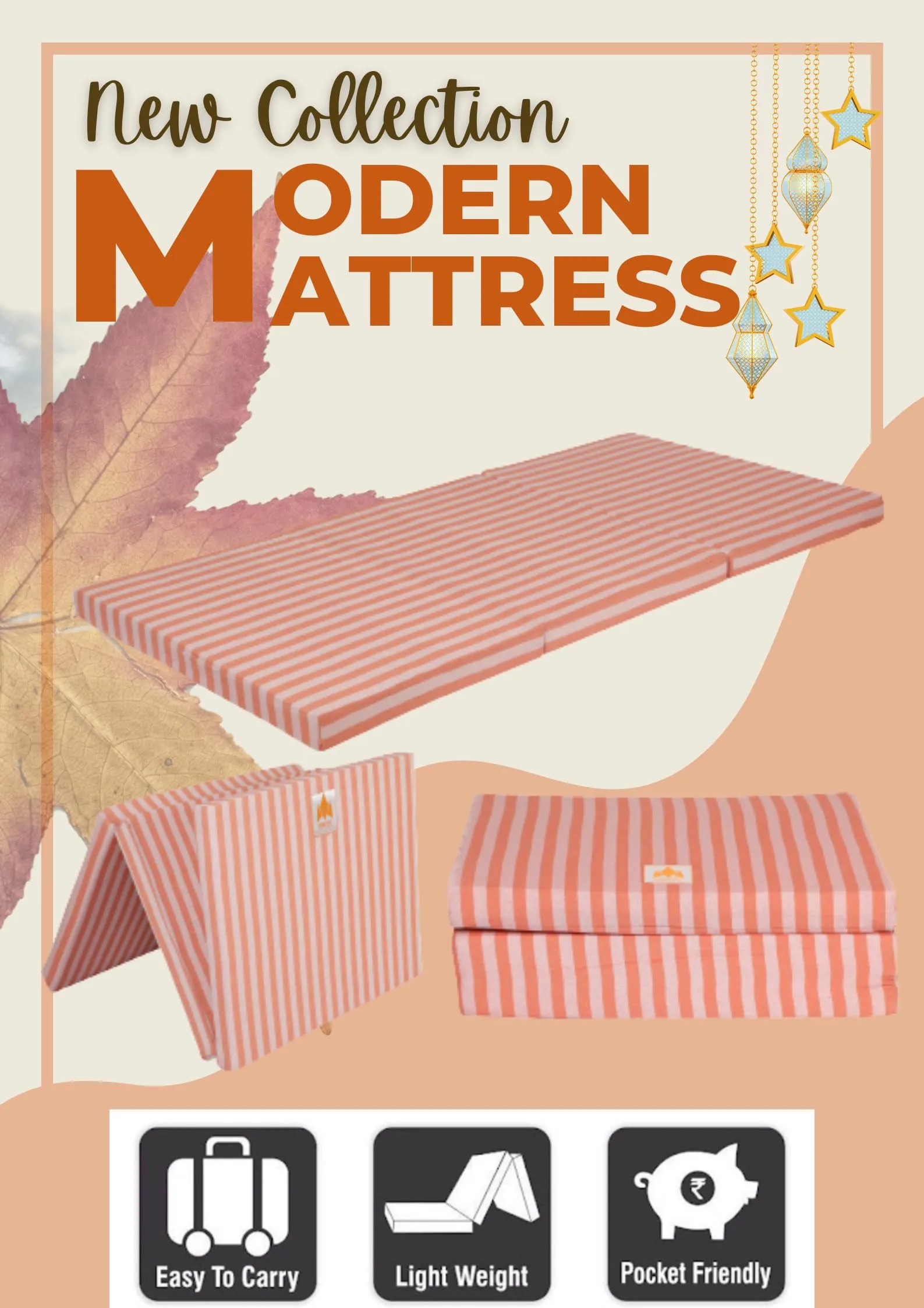 MOROFEEL 3 Inch UHD Foam Three Fold Single Bed Reversible Orange Mattress (72 x 35 x 3) || Foldable Lightweight Gadda for Travel Picnic